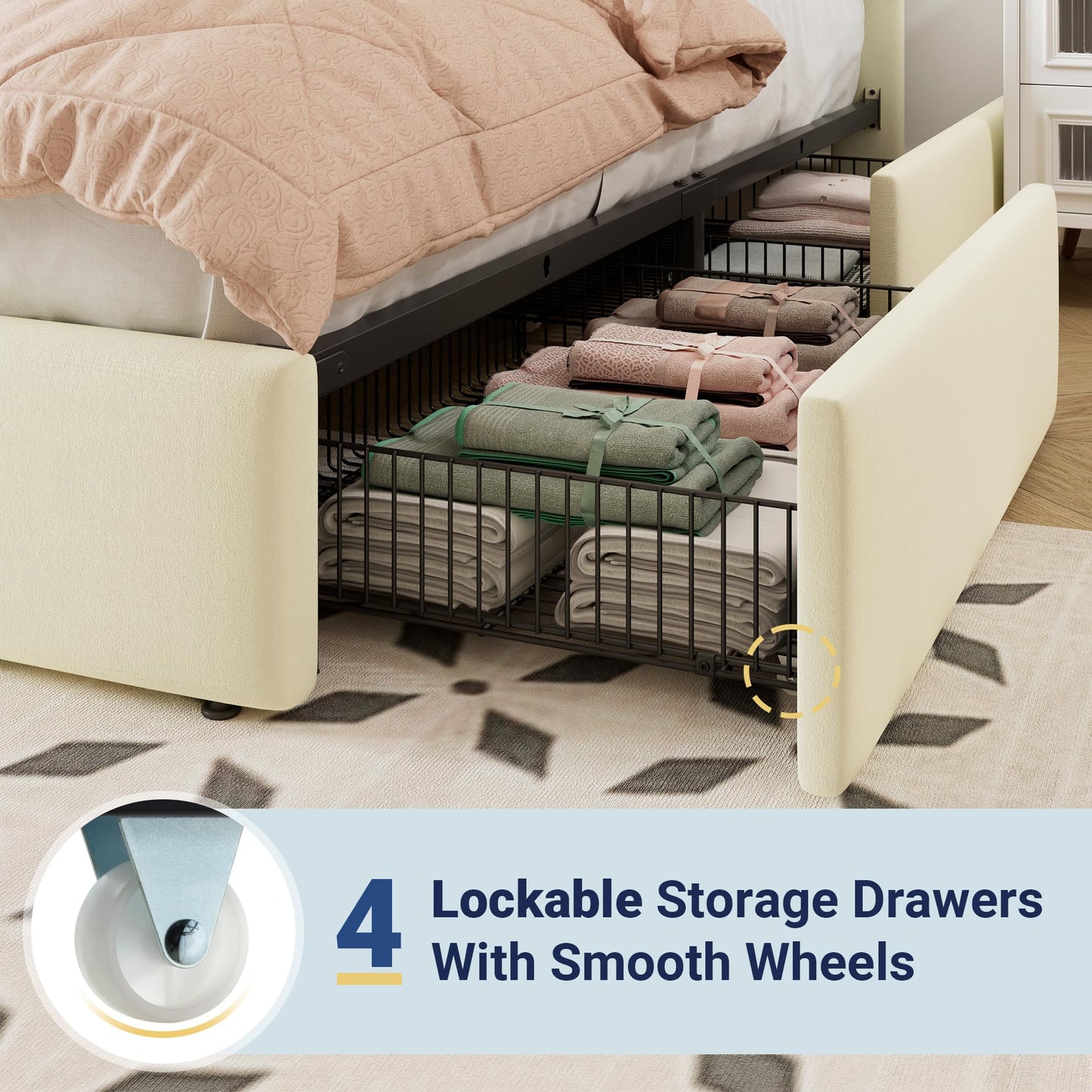 Allewie Full Size Storage Bed Frame, Vertical Channel Tufted Adjustable Headboard, Velvet Upholstered Platform Bed with 4 Oversized Underbed Drawers, Wooden Slats Support, No Box Spring Needed, Cream