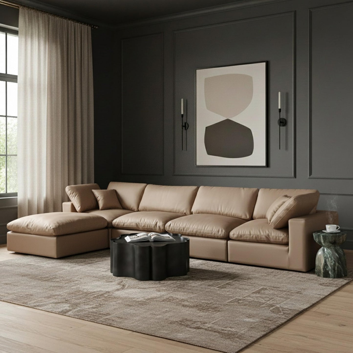 Meridian Furniture 188Tan-Sec5A Comfy Collection Modern | Contemporary Upholstered Modular Sectional, Soft Tan Vegan Leather, Fiber-Filled, 158" W x 79" D x 34.5" H, Tan