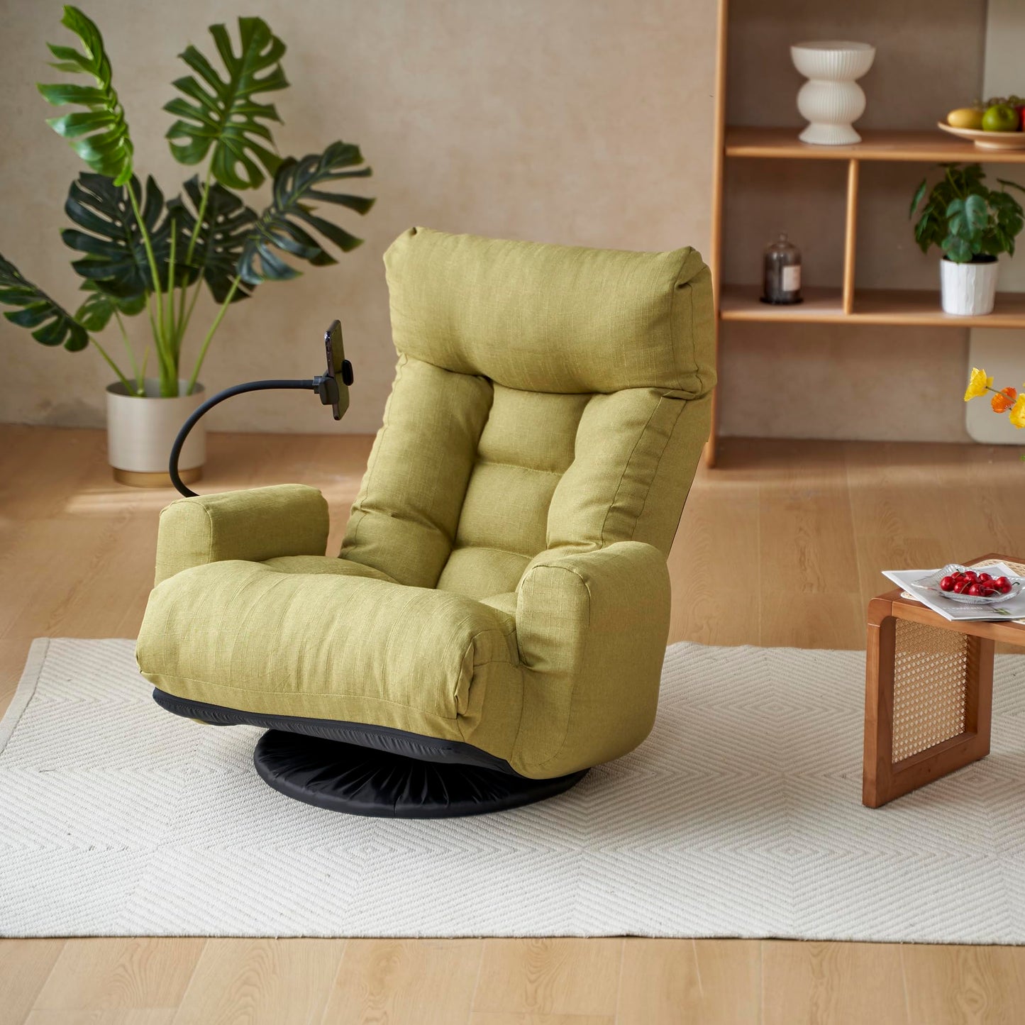 Noble House Home Furnishings Gwen Upholstered 360° Swivel Chair, Lounge Chair with Adjustable Backrest/Headrest, Metal Frame Living Room Lounge Sofa and Phone Holder, Comfy Bean Bag Chair, Green