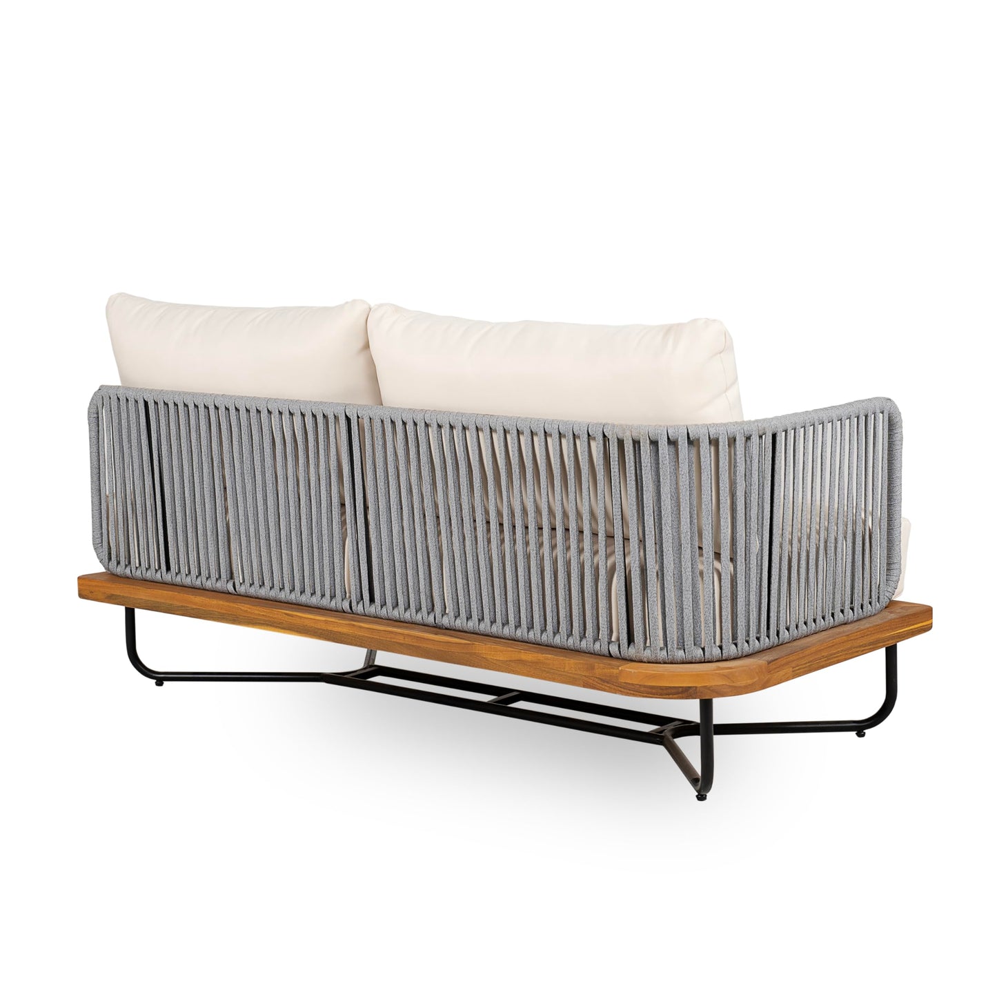 Merax 4 Piece Rope Woven Paito Conversation Set, All-Weather Acacia Wood 4-Seater Sectional Sofa,1 Armchairs with Sturdy Metal Base and Cushions,1 Coffee Table for Porch, Lawn, Backyard, Beige+Gray