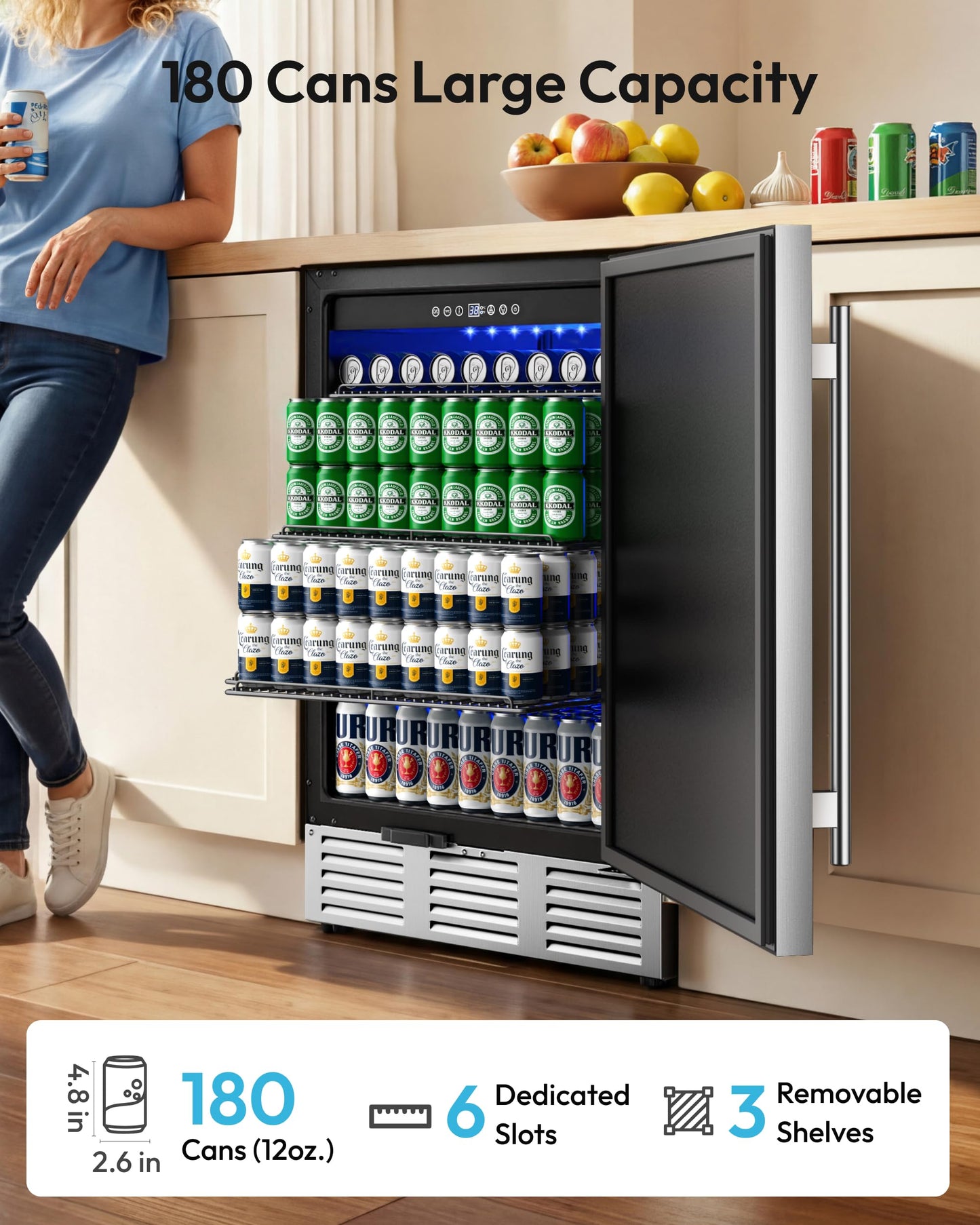 EUHOMY 24 Inch Beverage Refrigerator, Undercounter Beverage Fridge 180 Can with Stainless Steel Door for Home Patio, Beverage Cooler Built-in or Freestanding, outdoor refrigerator for Soda Beer Wine