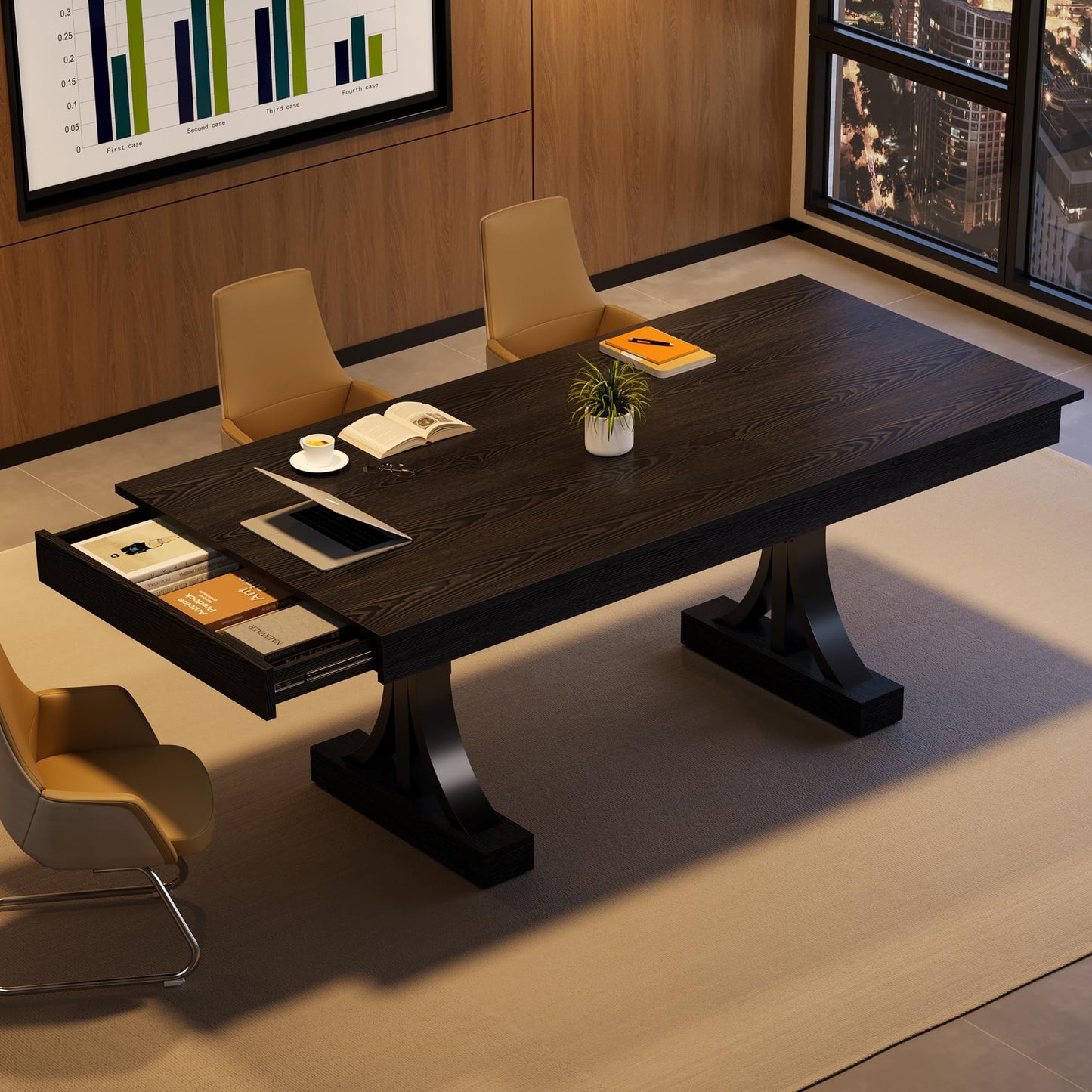 GarveeHome Dining Table for 6-8 with 2 Drawers,71-Inch Industrial Dining Table with Large Tabletop & Sturdy Frame, Rectangular Wooden Kitchen Table with Double Pedestal, for Dinner， Rustic Black