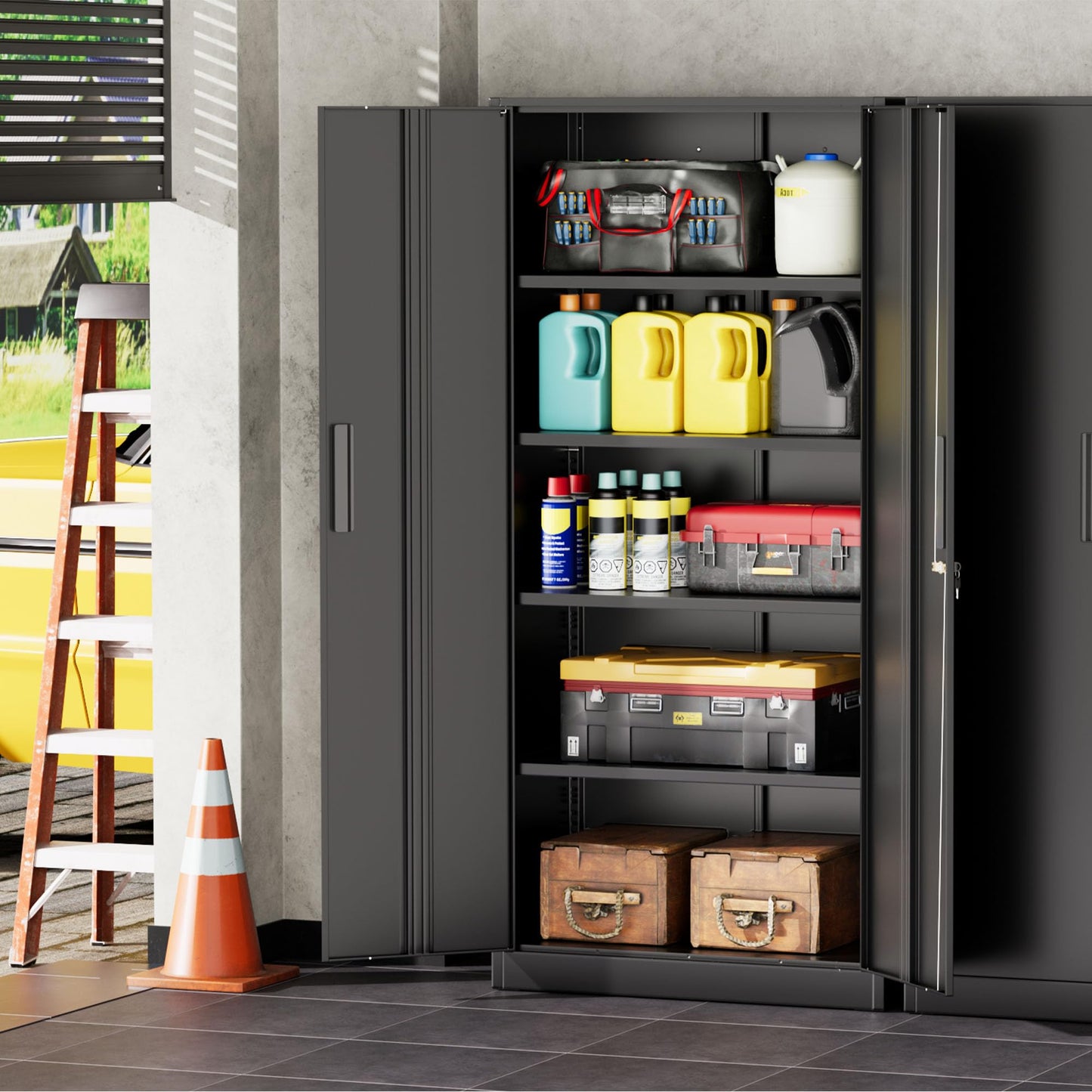 INTERGREAT Garage Storage Cabinet with Doors and Shelves, Metal Storage Cabinets with Lock, Lockable Steel Supply Cabinet for Home Office, Warehouse, Black