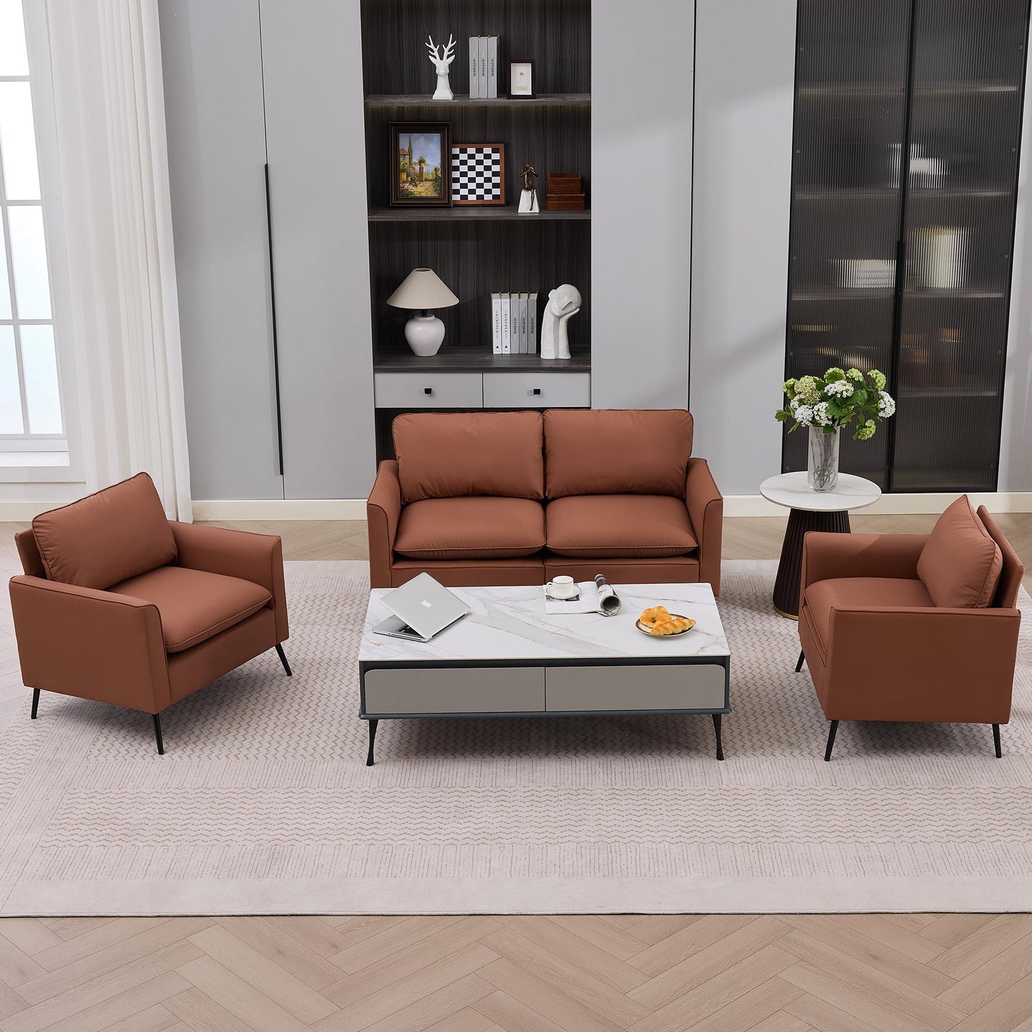 KEIKI Faux Leather Sofa Couch, Living Room Furniture Sectional Sofa Sets of 3 Pcs, Mid Century Modern Decor Sofa Couches, Loveseat & Accent Chair for Small Space, Apartment, Office, Brown