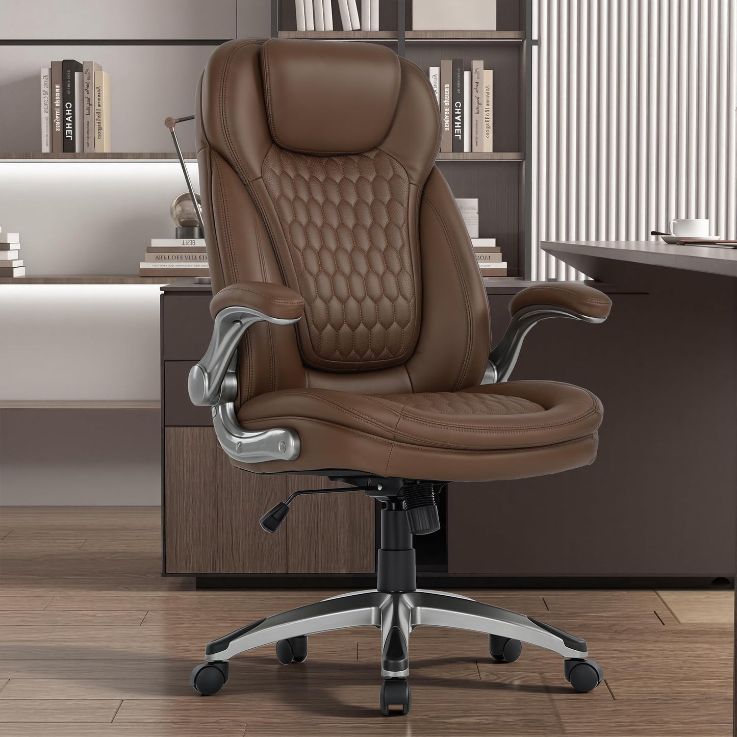 COLAMY Office Chair Ergonomic Desk Chair-Executive Office Chair with Upgraded Caters, High Back Computer Chair Flip-up Arms, Strong Metal Base, Swivel Leather Chair for Work/Study, 300lbs, Brown