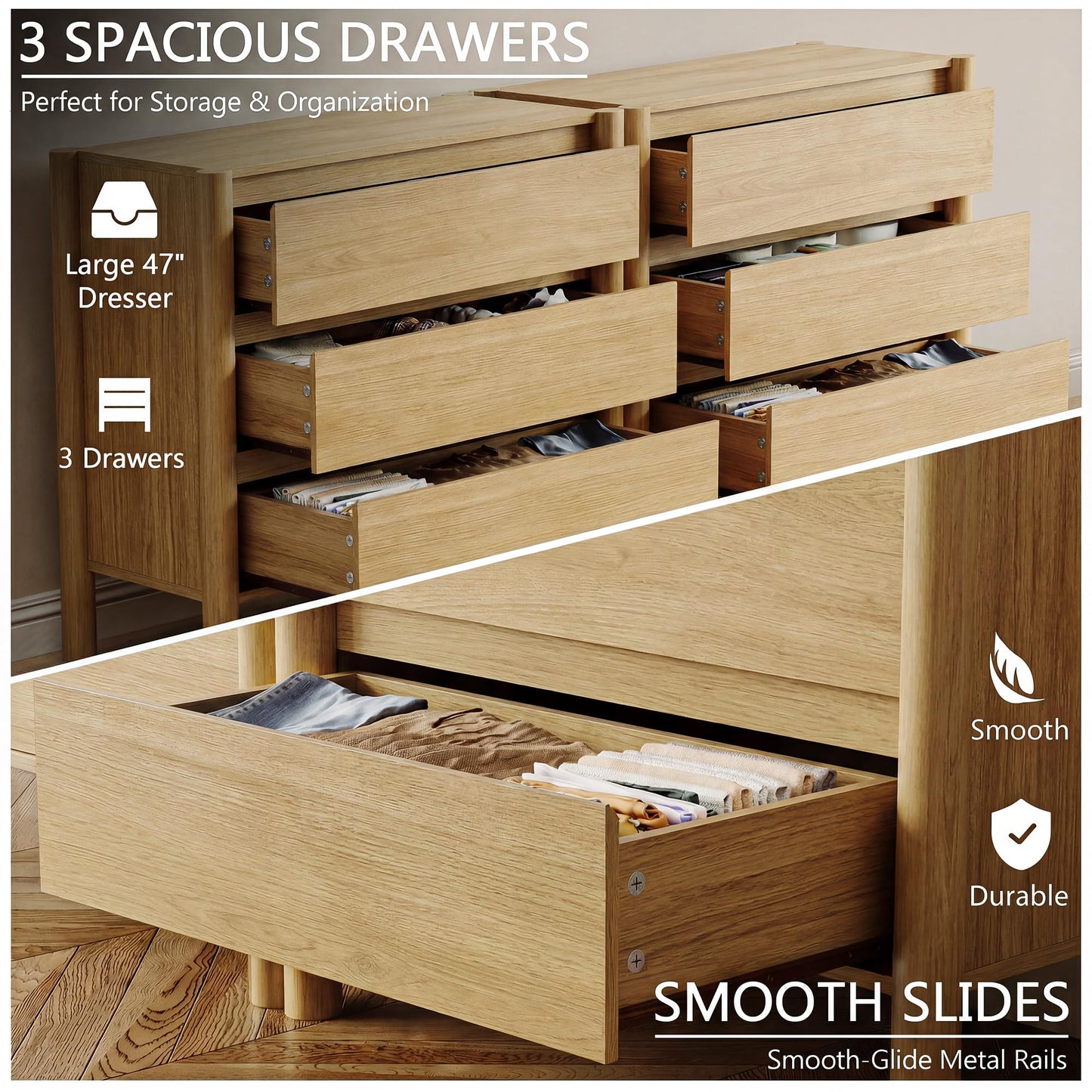 HOUROM Oak3-Drawer Dresser for Bedroom,Oak Mid-Century Modern Chest with Solid Wood Legs,Concealed Handle,Large Wood Storage Organizer,Small Wooden Storage Bedside Table Nightstand for Bedroom