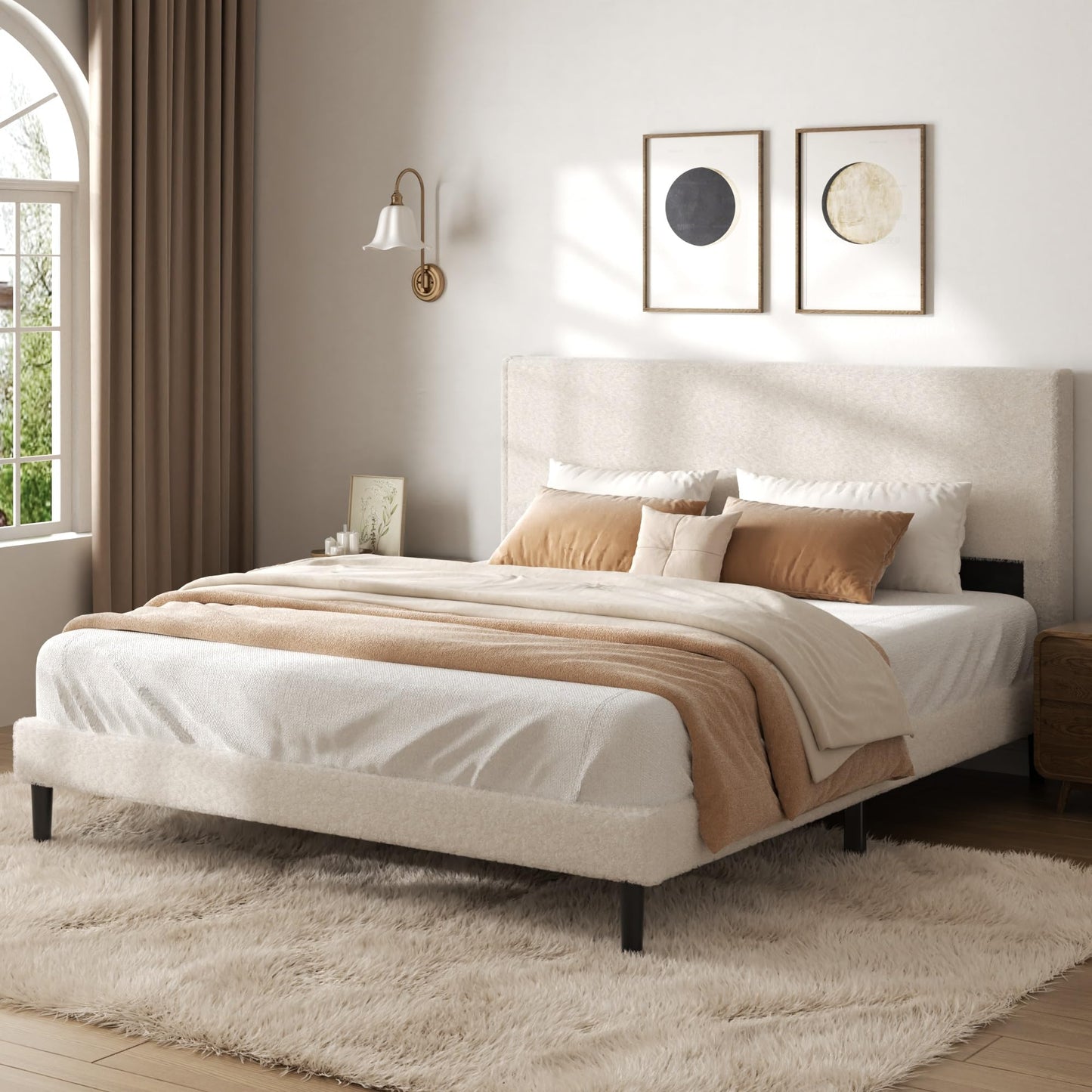 viplov Queen Bed Frame,Teddy Velvet Modern Platform Bed Frame with Upholstered Headboard, Mattress Foundation, No Box Spring Required, Beige