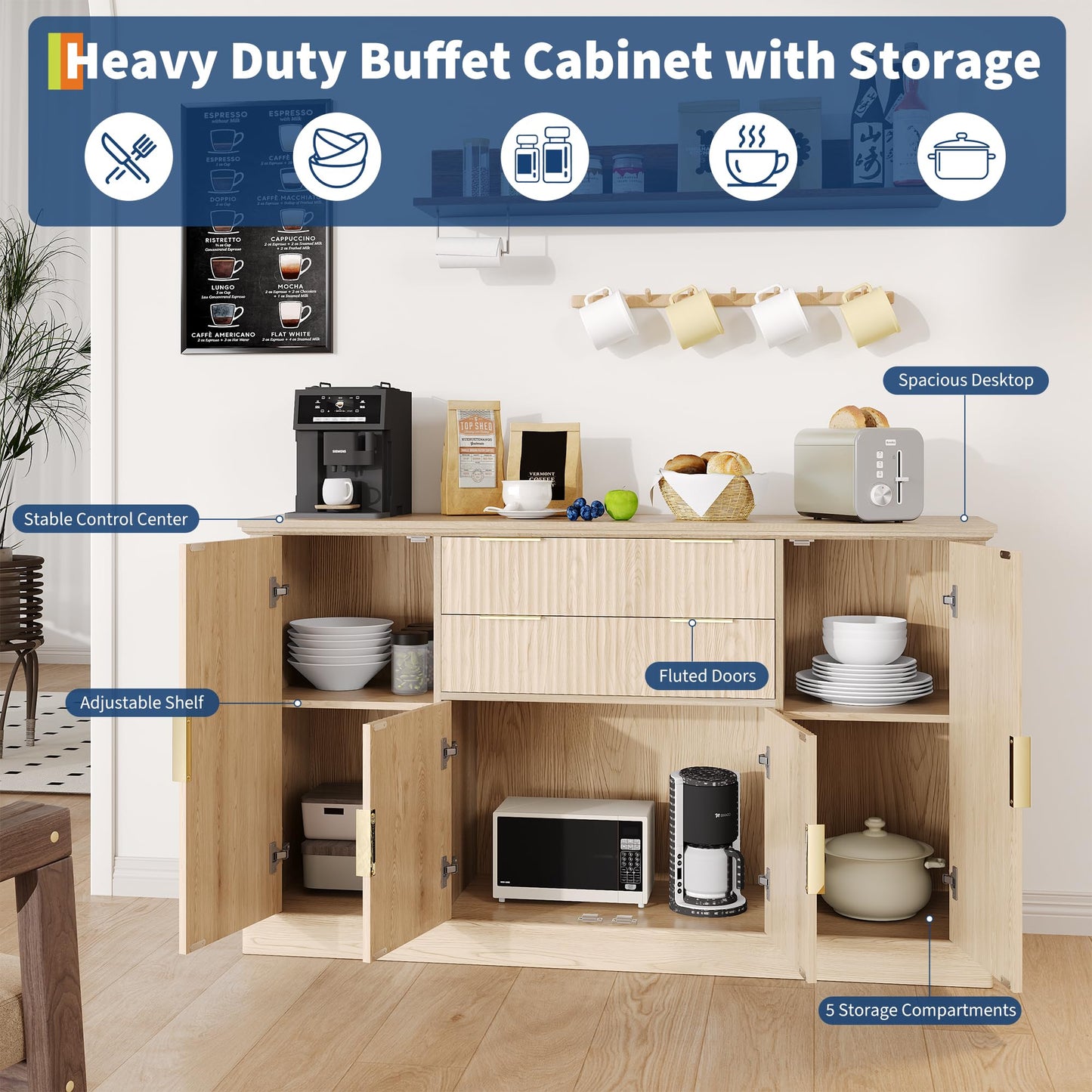GarveeHome 58" Fluted Buffet Cabinet Sideboard with Storage, Farmhouse Coffee Bar Cabinet Console Table with Gold Handles & 4 Doors & 2 Drawers, Adjustable Shelf for Dining Room, Living Room Credenza