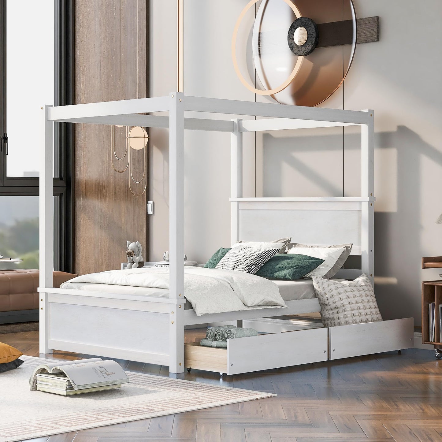 Merax Full Size Canopy Platform Bed with 2 Drawers, Wooden Bed Frame with Support Slats, No Box Spring Needed, Brushed White