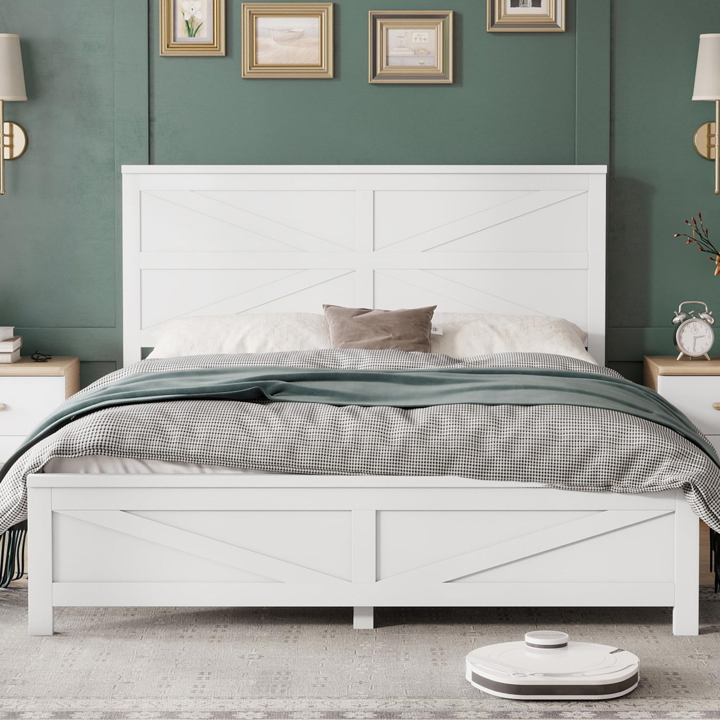 KEIKI Farmhouse Queen Size Platform Bed Frame with Headboard and Footboard, Pinewood Bed Platform with Slat Support, No Box Spring Needed Bedframe, Under-Bed Storage, Barn Door Designed