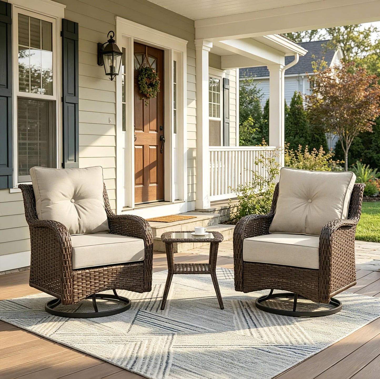 ADRERIC Luxury Patio Conversation Set, 3-Piece Ergonomic High Back Wicker Swivel Chair Set with 6-Inch Deep Seating Cushions, Large Patio Furniture Set for Garden, Deck & Balcony, Beige
