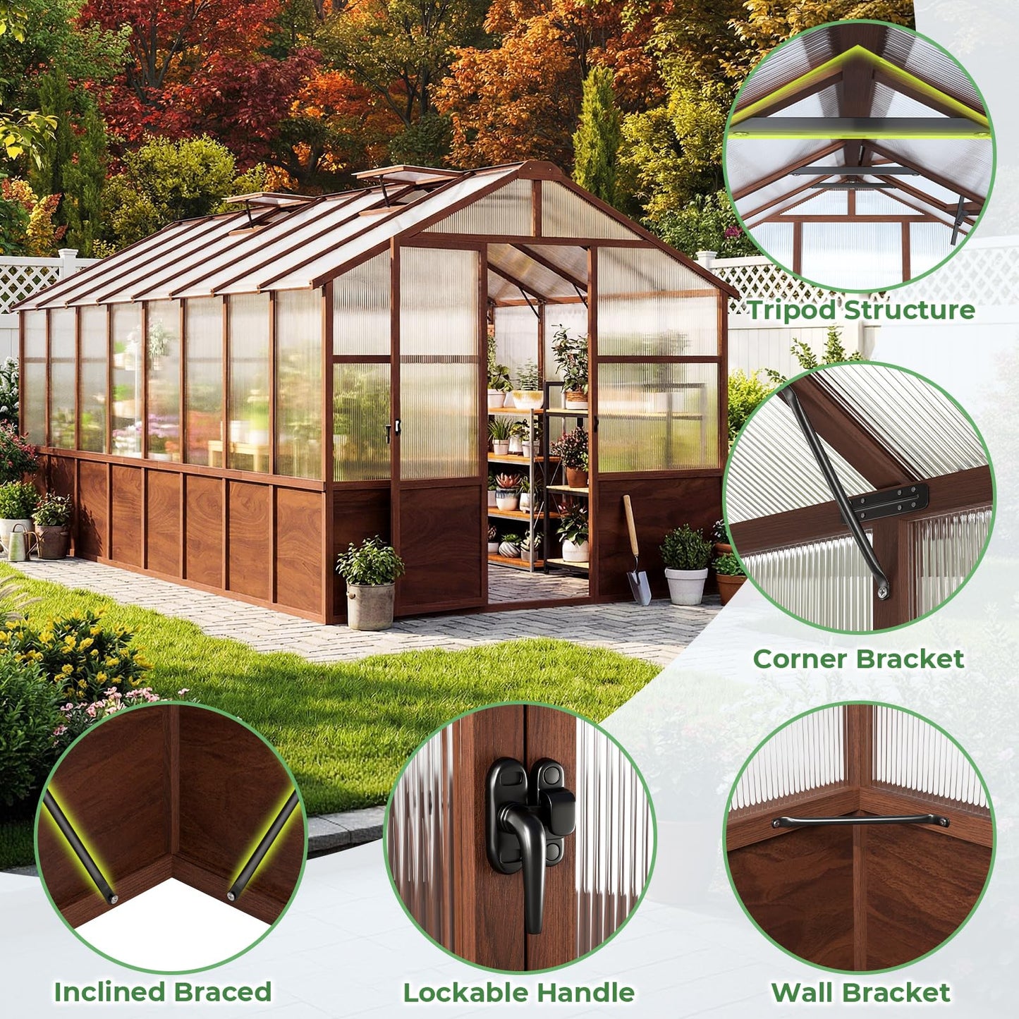 Jocoevol 8x16ft Outdoor Greenhouse, Wooden Frame Polycarbonate Greenhouse with Adjustable Roof Vents and Lockable Door Handle, Walk-in Greenhouse Perfect for Backyard and Garden