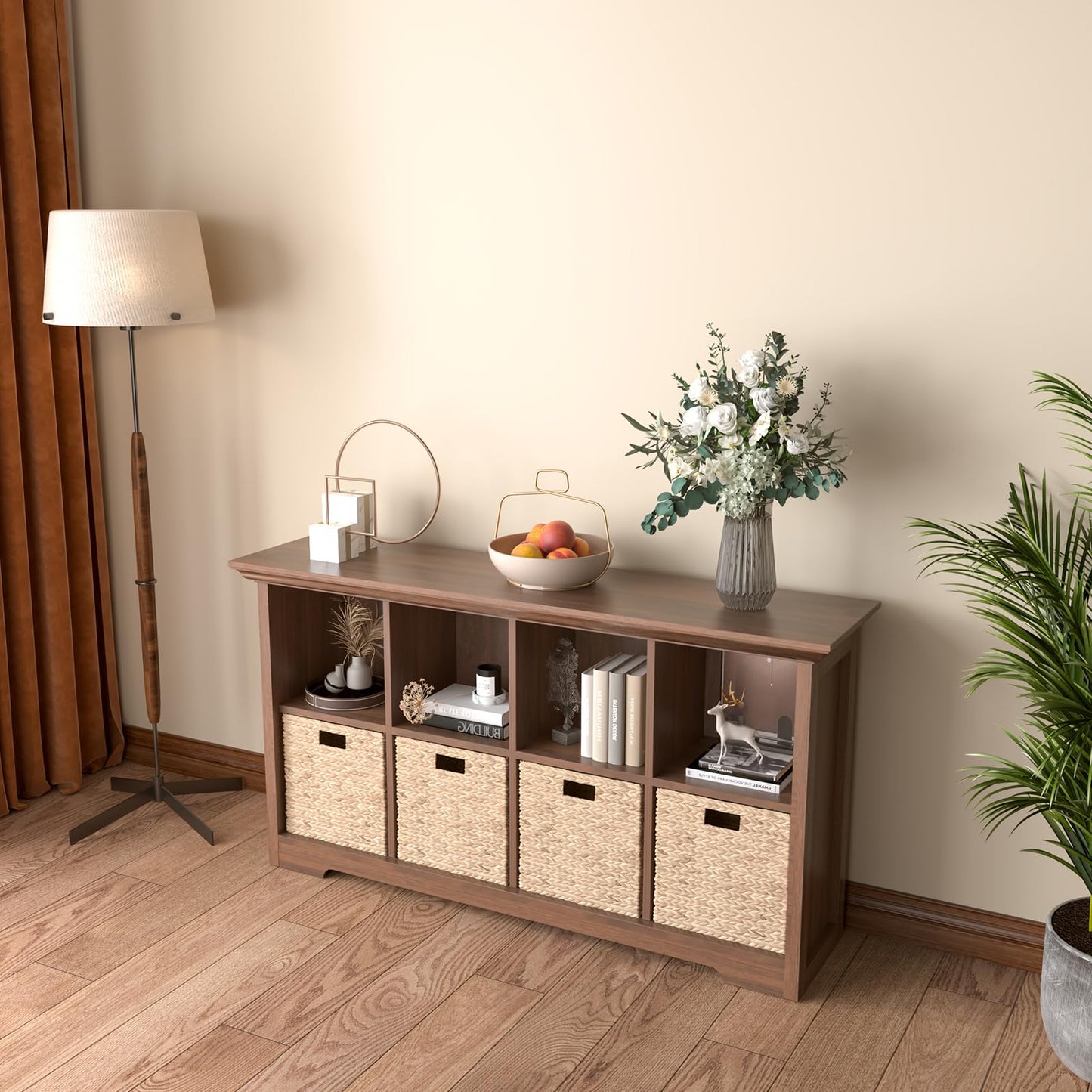 OSCHF Cube Shelf Bookcase with Base - Wooden 2 Tiers Floor Standing Low Storage Cabinet for Home and Office, 8-Cube Lattice Bookshelf, Walnut
