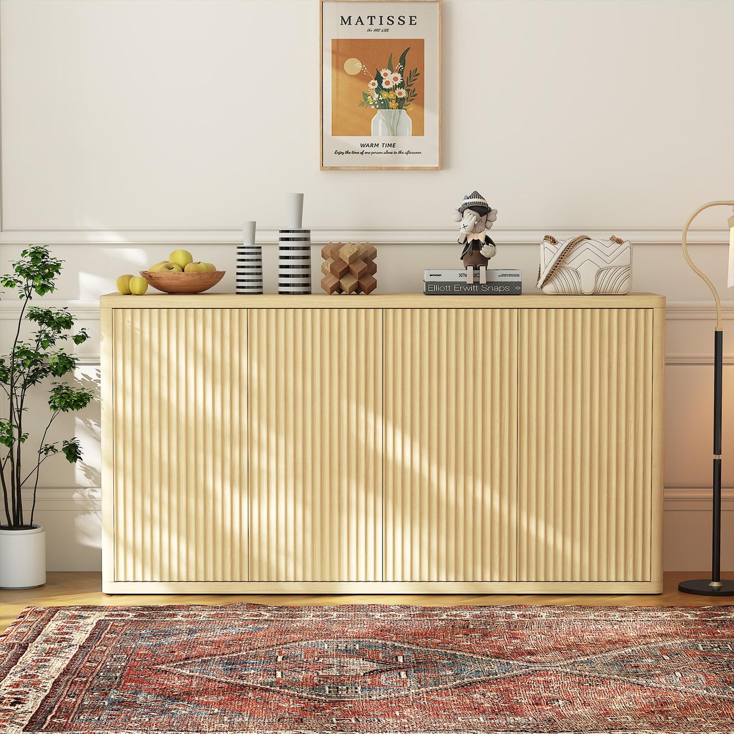 IDEALHOUSE 66.3in Large Sideboard Buffet Cabinet, Kitchen Modern Fluted Cupboard Coffee Bar Console Table Credenza Storage Cabinet with Adjustable Shelves for Living Room Hallway, 4 Doors