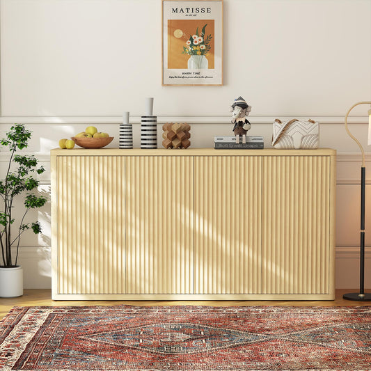 IDEALHOUSE 66.3in Large Sideboard Buffet Cabinet, Kitchen Modern Fluted Cupboard Coffee Bar Console Table Credenza Storage Cabinet with Adjustable Shelves for Living Room Hallway, 4 Doors