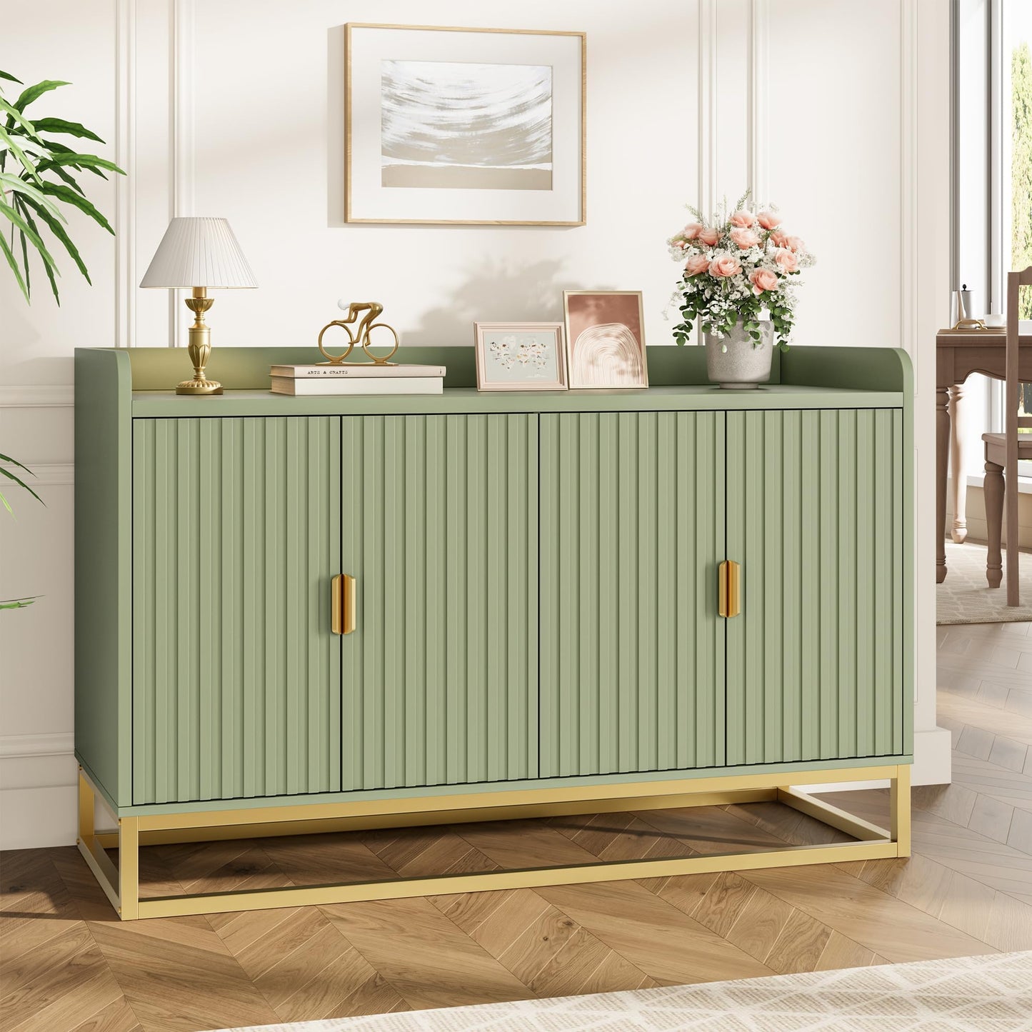 Garvee 47.2" Fluted Sideboard with Storage Cabinet, Modern Kitchen Sideboard with Adjustable Shelves, Media Console Buffet Cabinet with Doors for Living Room, Kitchen, Entryway, Green