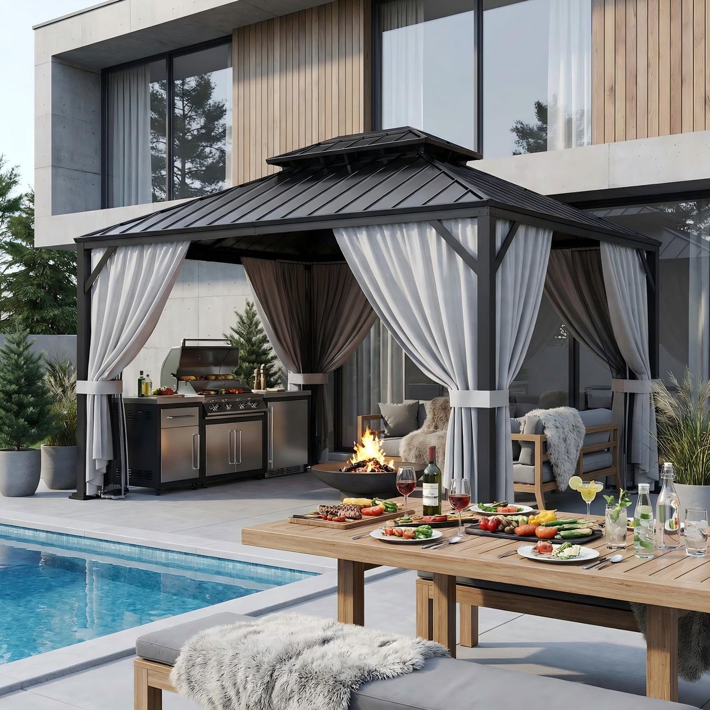 IRONCK 12'x10' Hardtop Gazebo, Update Aluminum Frame Gazebo with Galvanized Steel Double Roof, Outdoor Pergola with Curtain and Net, Backyard Canopy for Garden, Deck, Gray and Black