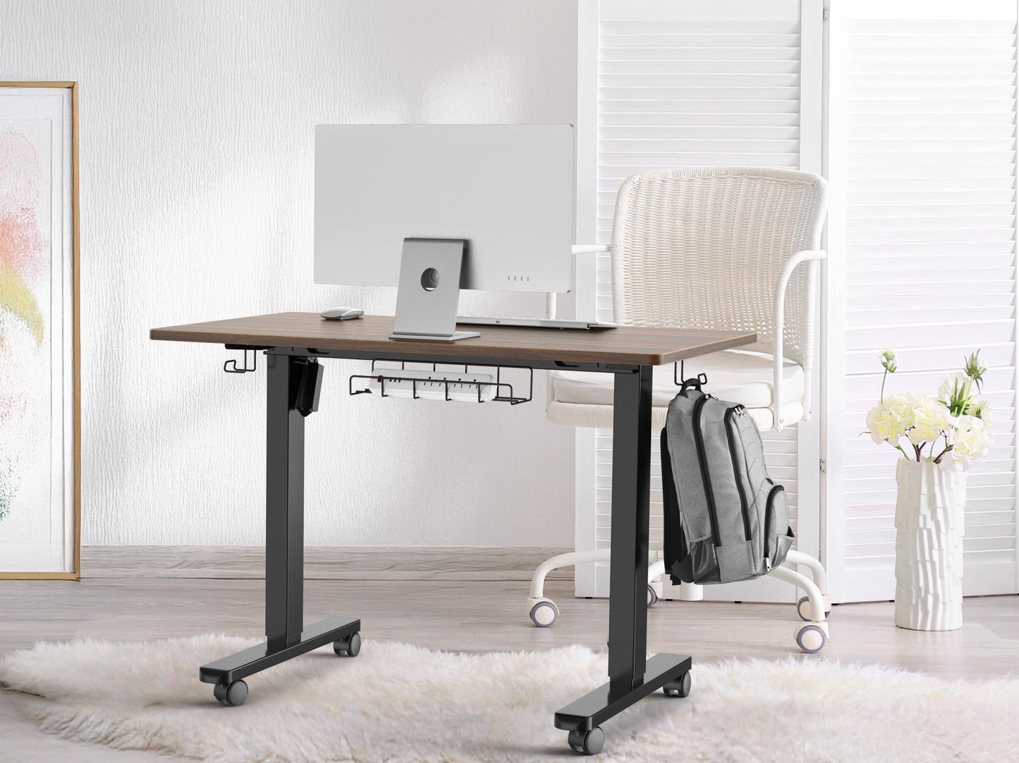 SHW 40-Inch Mobile Electric Height Adjustable Sit to Stand Desk with Drawer, Hanging Hooks and Cable Management, Walnut