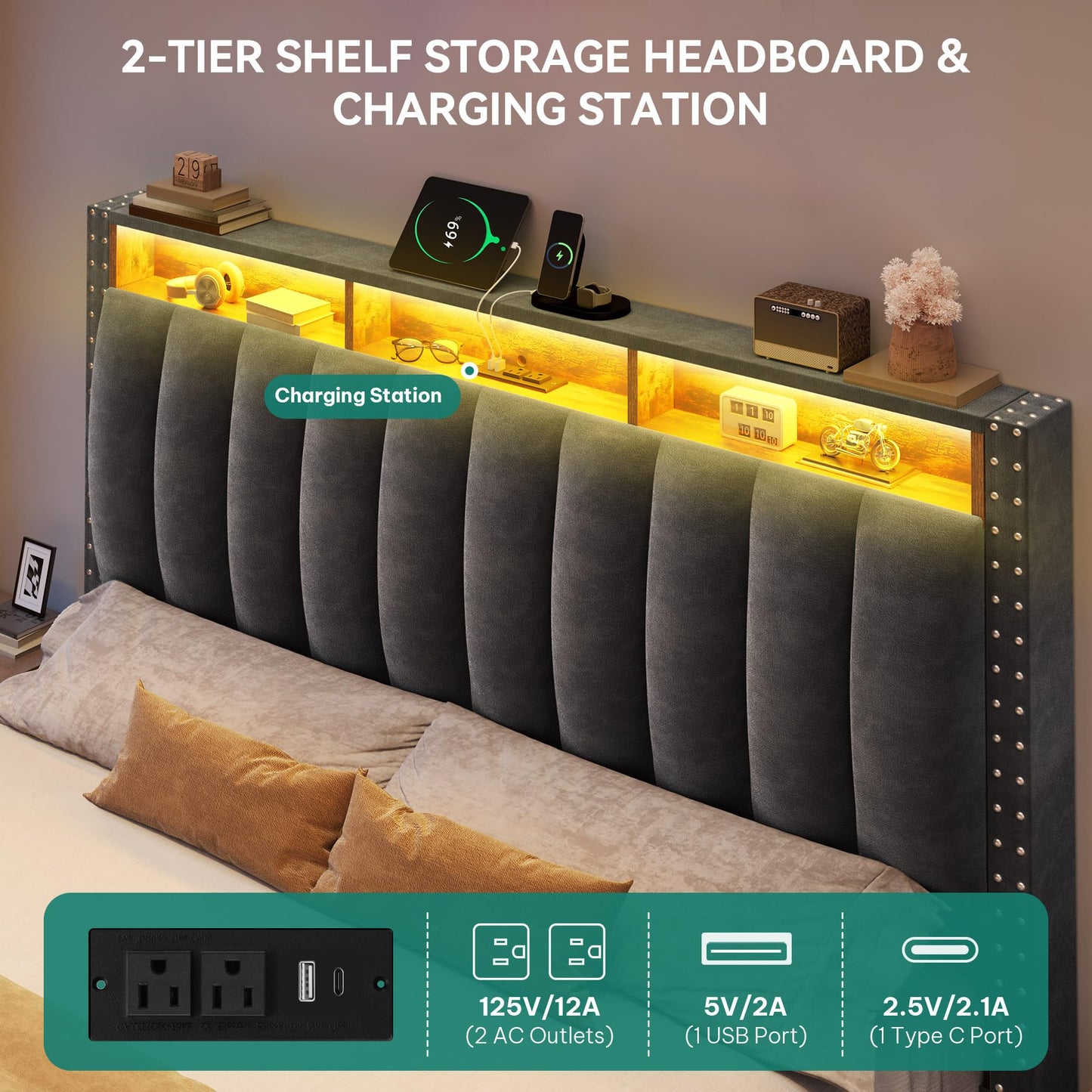 DWVO Queen Size Bed Frame with 4 Storage Drawers and RGB LED Lights, Velvet Upholstered Platform Bed with Charging Station and Bookcase Storage Headboard, No Box Spring Needed, Easy Assembly, Grey