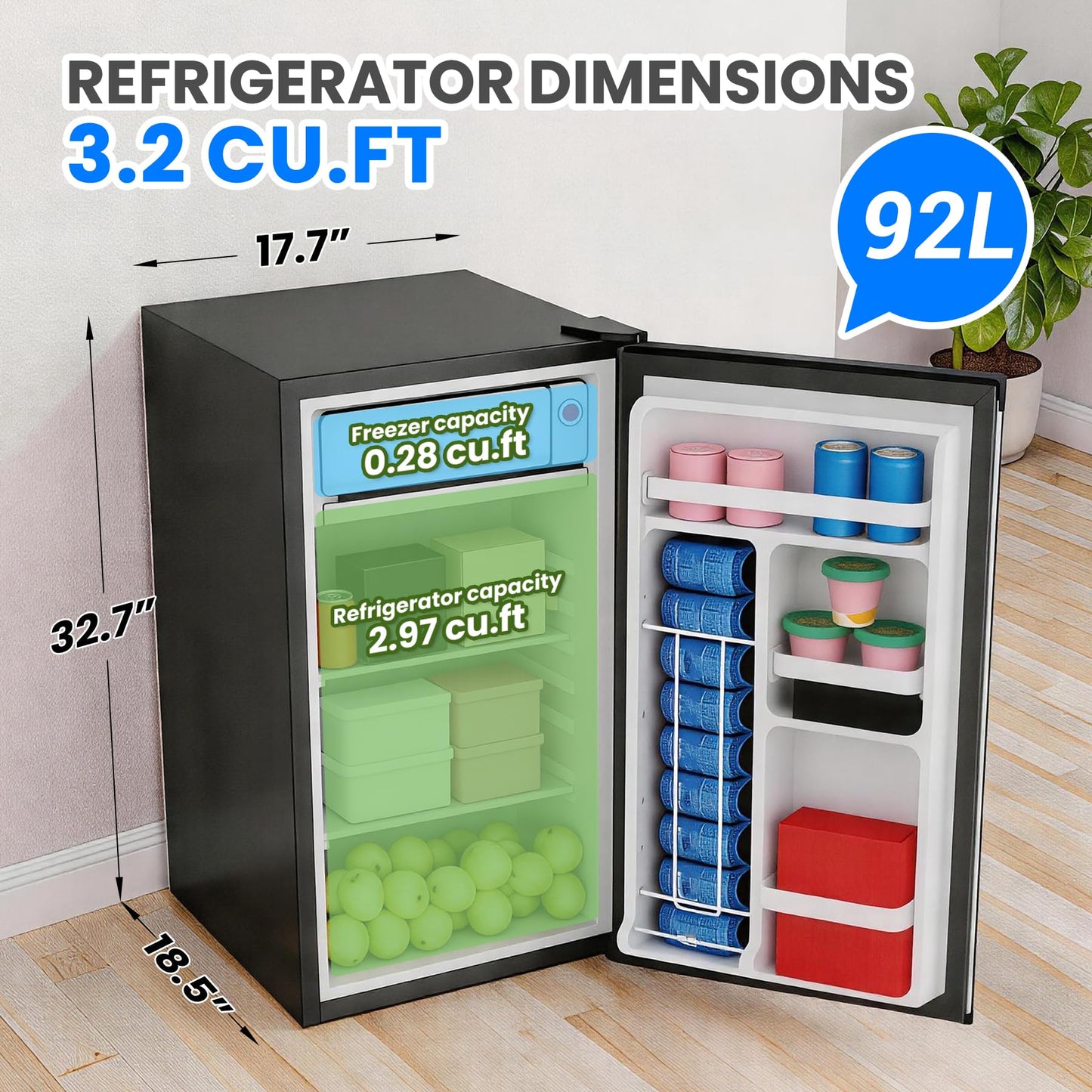 Garvee Compact Mini Fridge with Freezer, 3.2 Cu.Ft - Dual Zone Temperature Control, Single Door, 7 Adjustable Settings, Removable Shelves, Quiet & EnergEfficient - Ideal for Bedroom, Office, Dorm