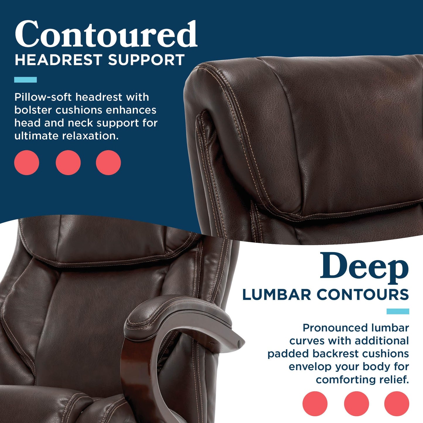 La-Z-Boy® Bellamy Executive Office Chair with Memory Foam Cushions, Real Wood Arms and Swivel Base, Waterfall Seat Edge, Faux Bonded Leather, Brown