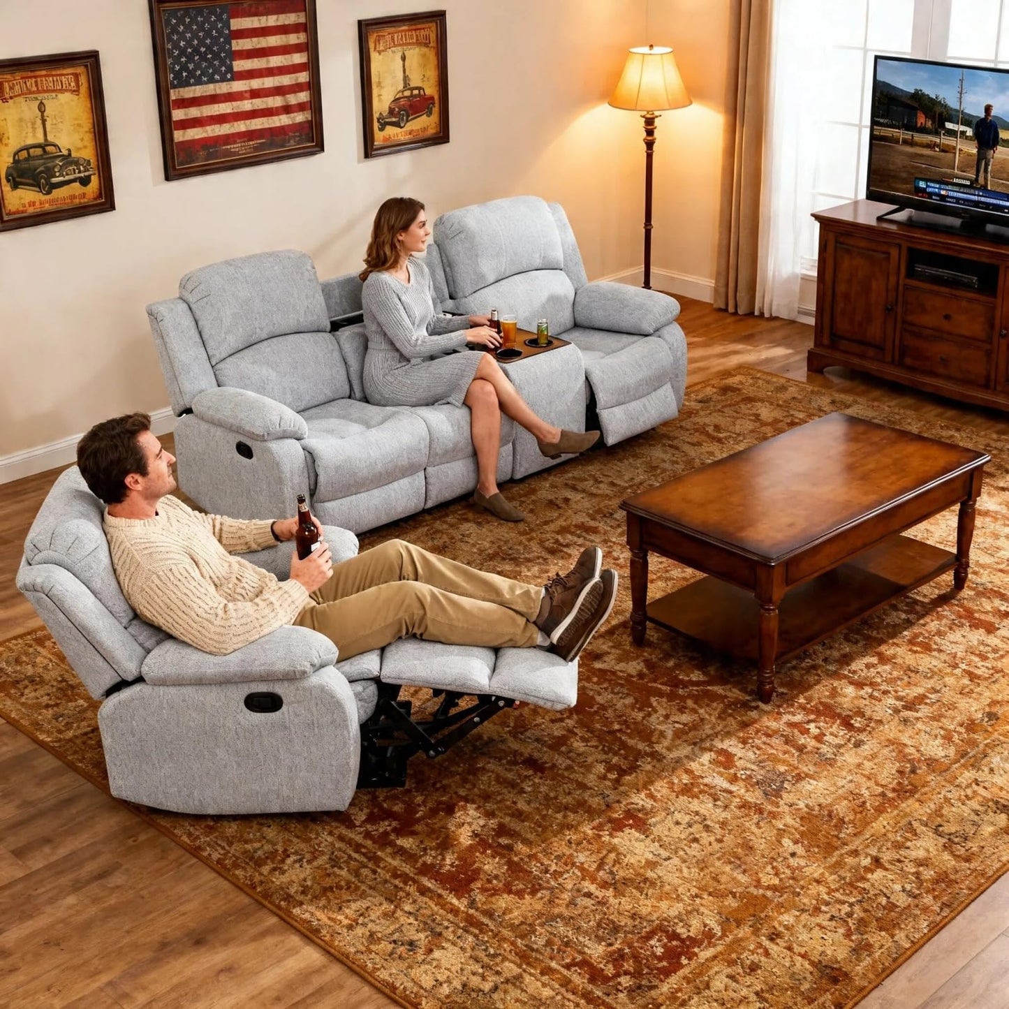 Trygoal Manual Recliner Sofa Set, Linen Reclining Couch with Storage Console, Cup Holders and Convertible Coffee Table, Adjustable Backrest Recliner Couch for Home Theater, Apartment, White Grey