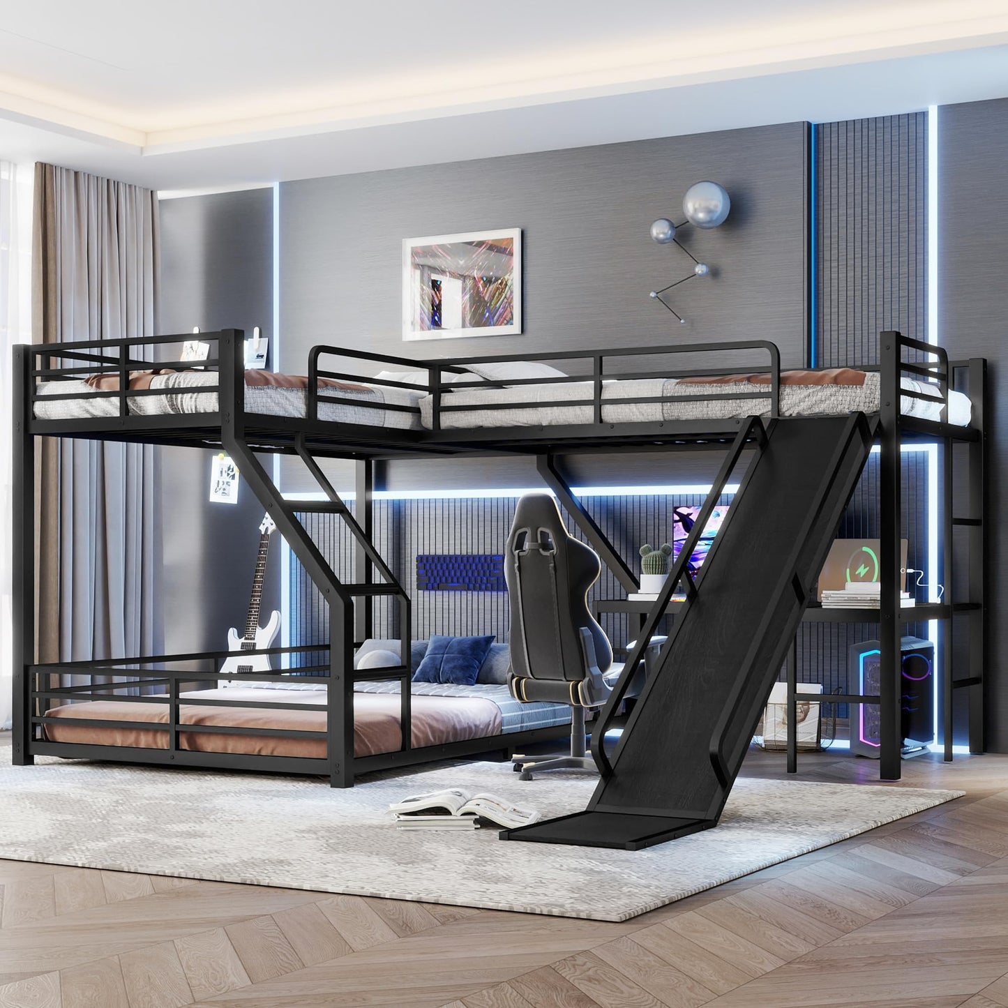Metal Twin XL Over Queen Bunk Beds with Twin Loft Beds, Heavy Duty Triple Bunk Bed Frame with Slide and Desk,L-Shaped Triple Bunk Beds with Charging Station for 3 Kids,Black