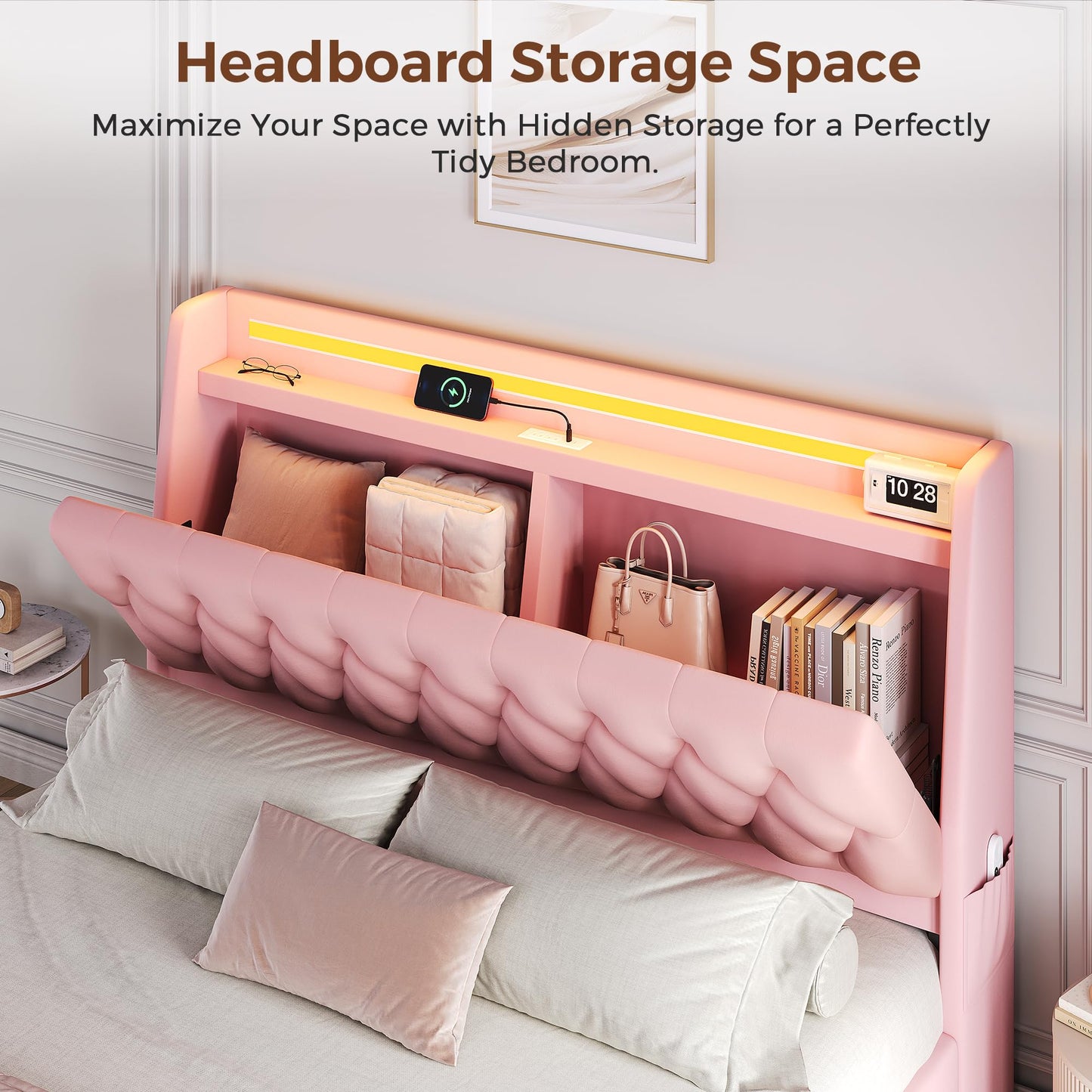 Queen LED Velvet Bed Frame with 2 Storage Drawers&Hidden Headboard, Upholstered Platform Bed with Charging Station&Button Tufted Design, Wooden Slats Support, Box Spring Optional, Easy Assembly, Pink