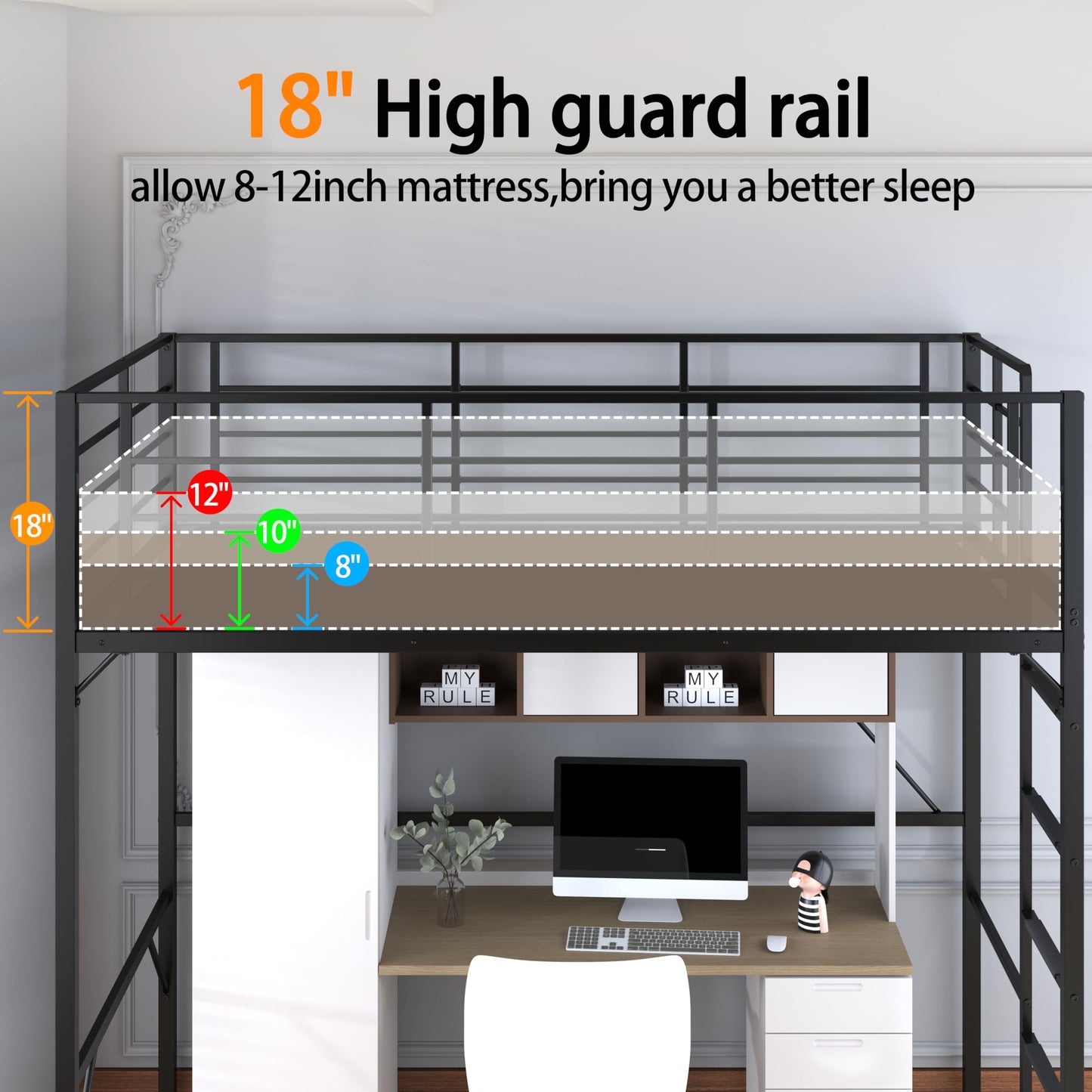 Debercu Twin loft Bed 75 inch High with High Guardrail,Space Saving Bedframe with Wide Ladder Rungs,No Sagging,Allow 12 inch Mattress Sturdy Metal Bed,Black