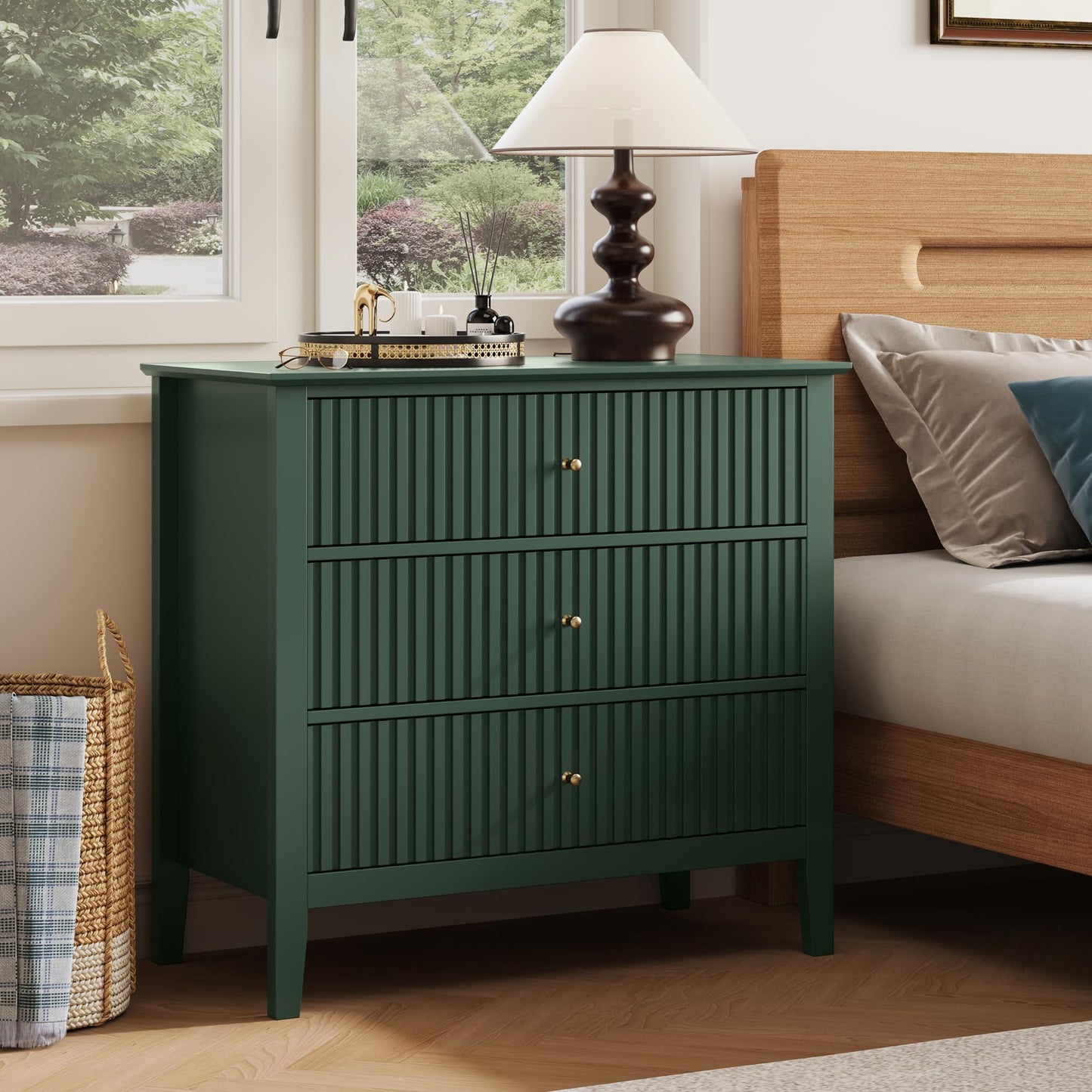 RoyalCraft 32" Large Nightstand Set of 2, Fluted Painted Bedside Table with 3 Spacious Drawers, Modern Tall End Table for Bedroom, Dark Green