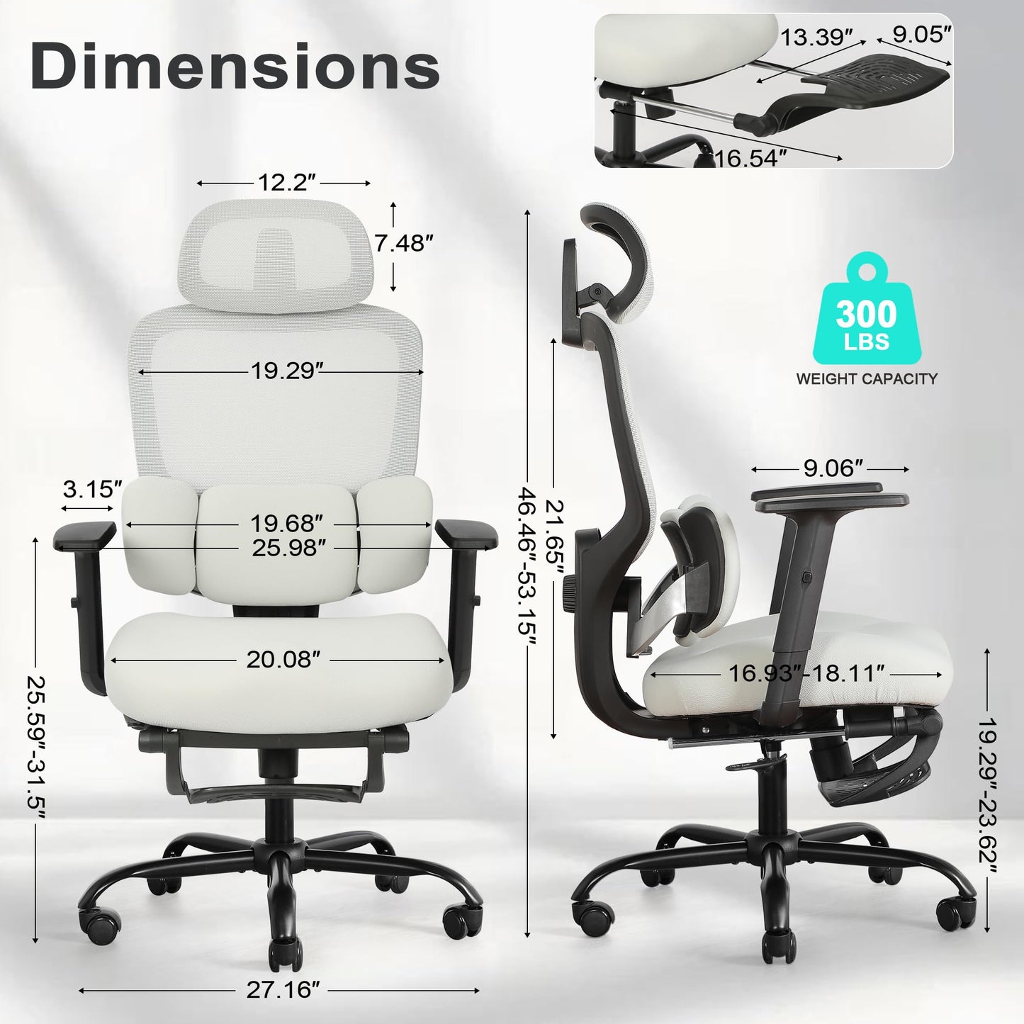 Ergonomic Office Chair with Footrest, Mesh Desk Chair with Adjustable Headrest & Armrests & Dynamic Floating Wing Lumbar Support, High Back Computer Chair for Home Office, BIFMA Certified, Grey