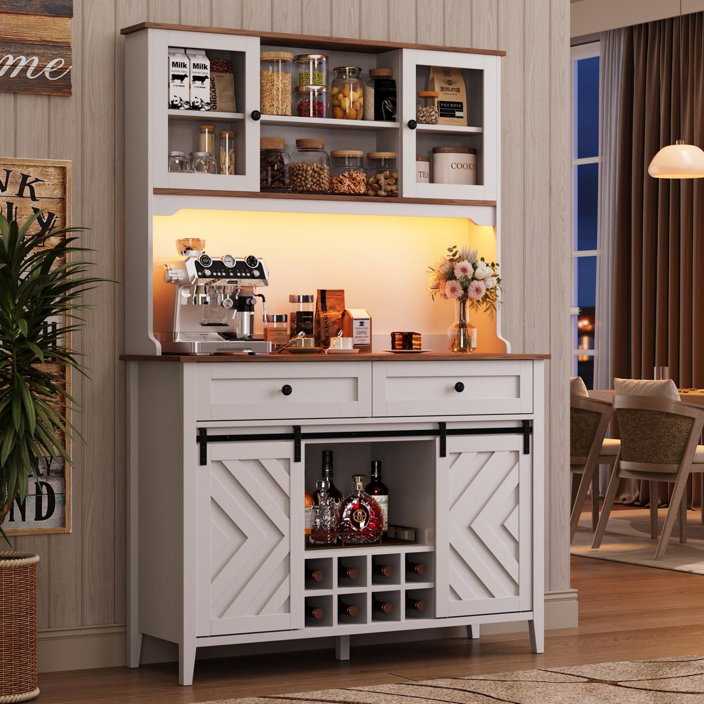 Garvee 72" Farmhosue Bar Cabinet with Sliding Barn Door, Large Kitchen Buffet with Hutch Wine with Charging Station, 2 Drawers, 8 Storage Shelves, LED Rustic Coffee Bar for Dining (White)