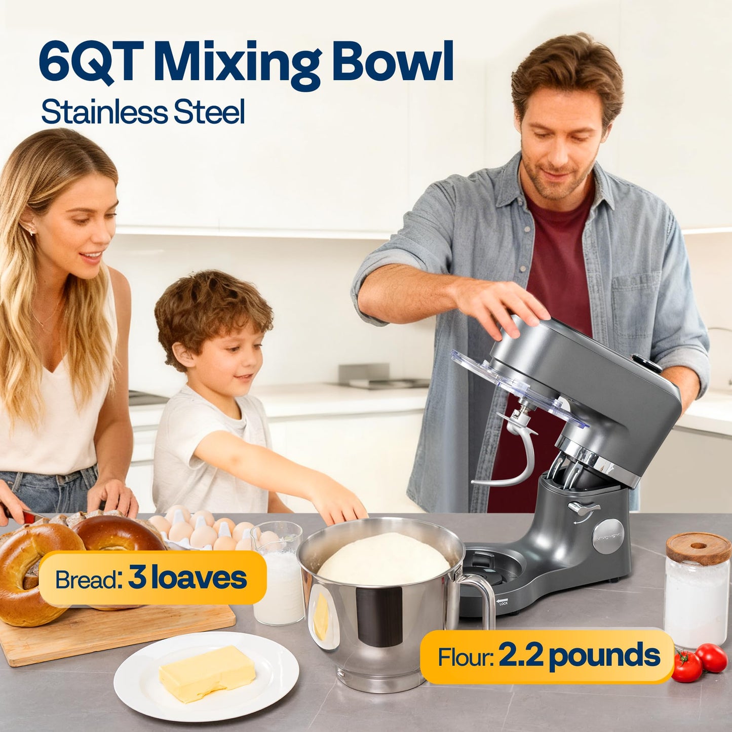 VIVOHOME Stand Mixer with Fermentation, One-Touch Presets Electric Dough Mixer with 6 Qt Bowl, Kitchen Standing Mixer for Baking, Cake with Flex Edge Beater, Bread Hook, Whisk, Gray