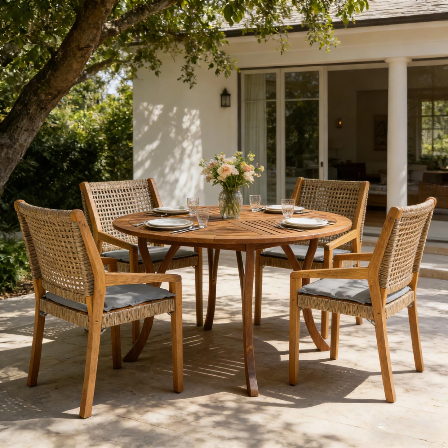 Christopher Knight Home Verle Wooden Patio Dining Set for 4, Acacia Wood Outdoor Dining Table Set for 4, 5 Piece Outdoor Dining Set with Round Table and Armchair with Seat Cushion, Teak+Grey