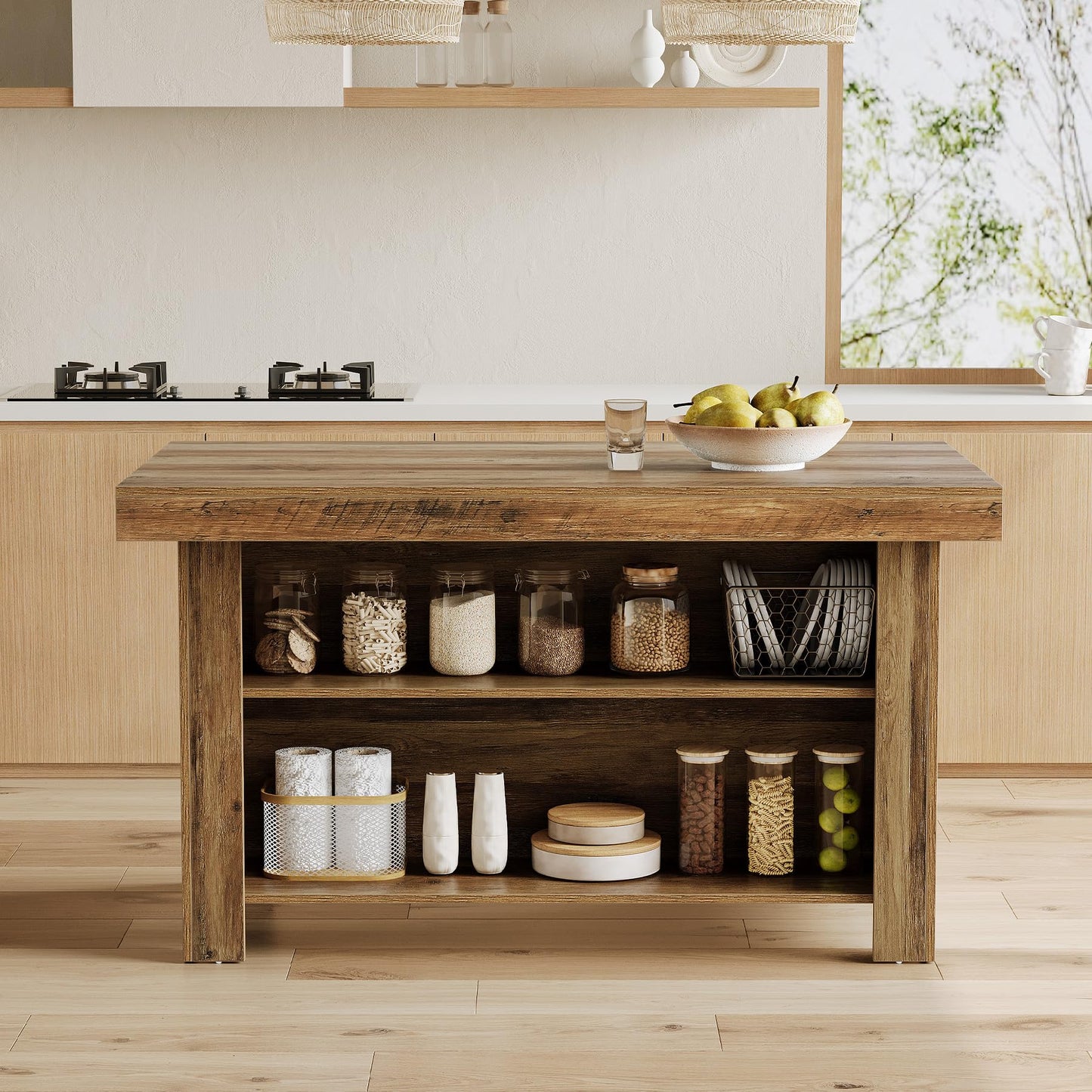 LITTLE TREE 55 Inches Kitchen Island with Storage, 3-Tier Farmhouse Wooden Stationary Island Table with Large Worktop & Leg Room, Modern Coffee Bar Table with Storage Shelf for Kitchen, Rustic Brown