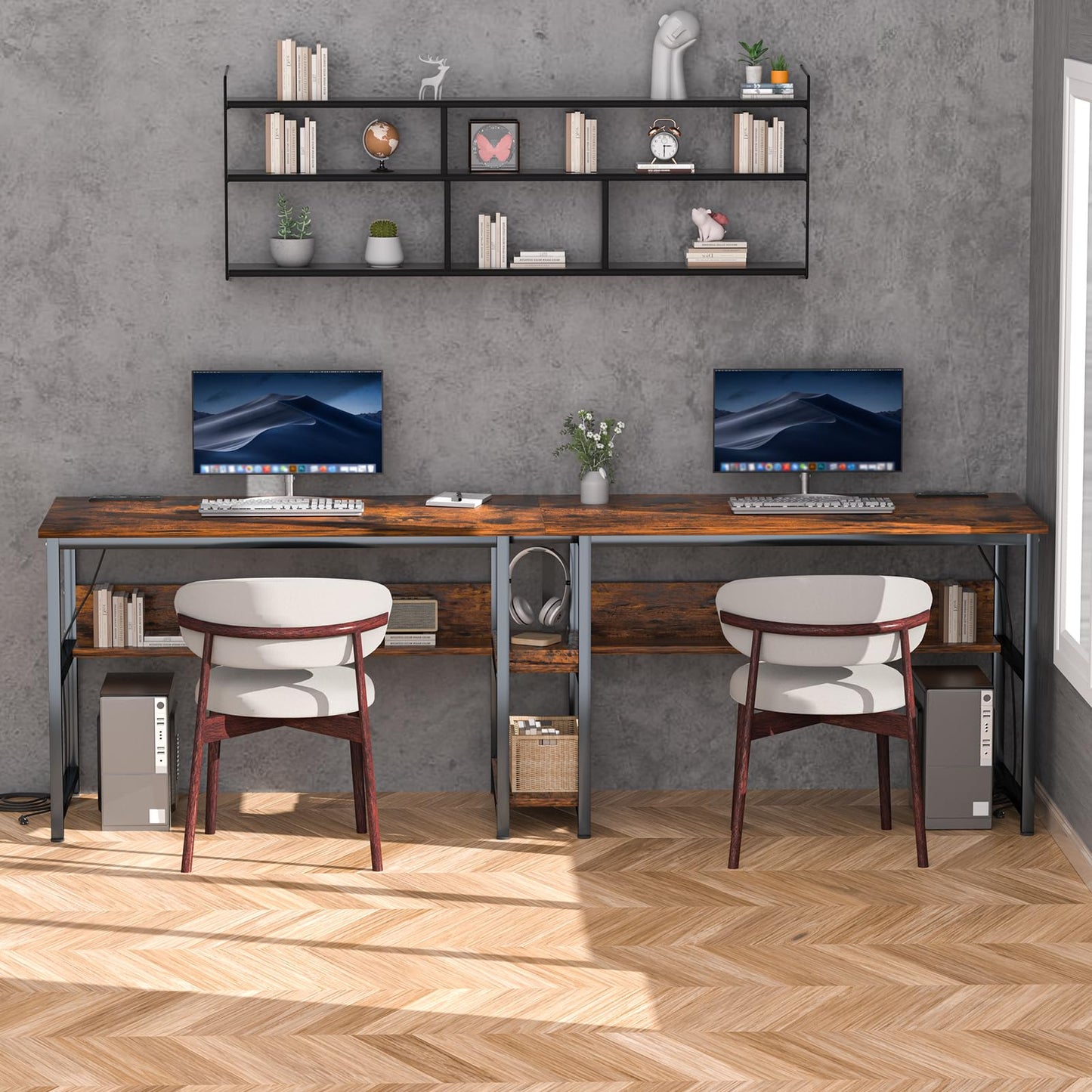Ytaoka 78.74" Two Person Desk with 2 Power Strips, Double Desk with Shelves, Long Computer Desk for Two People, Wood Writing Desk Workstation for Home Office, 23.62"D x 78.74"W x 29.52"H, Rustic Brown