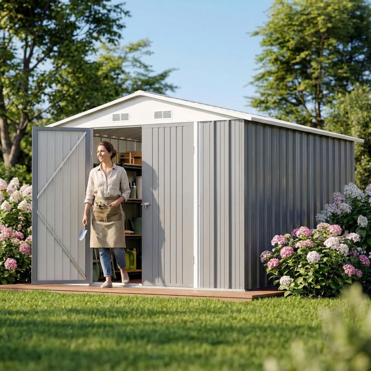 Devoko 8x12 FT Outdoor Storage Shed, Metal Tool Shed with Lockable Door&Slooping Roof, Outside Large Utility Storage for Garden Backyard Patio(Gray)