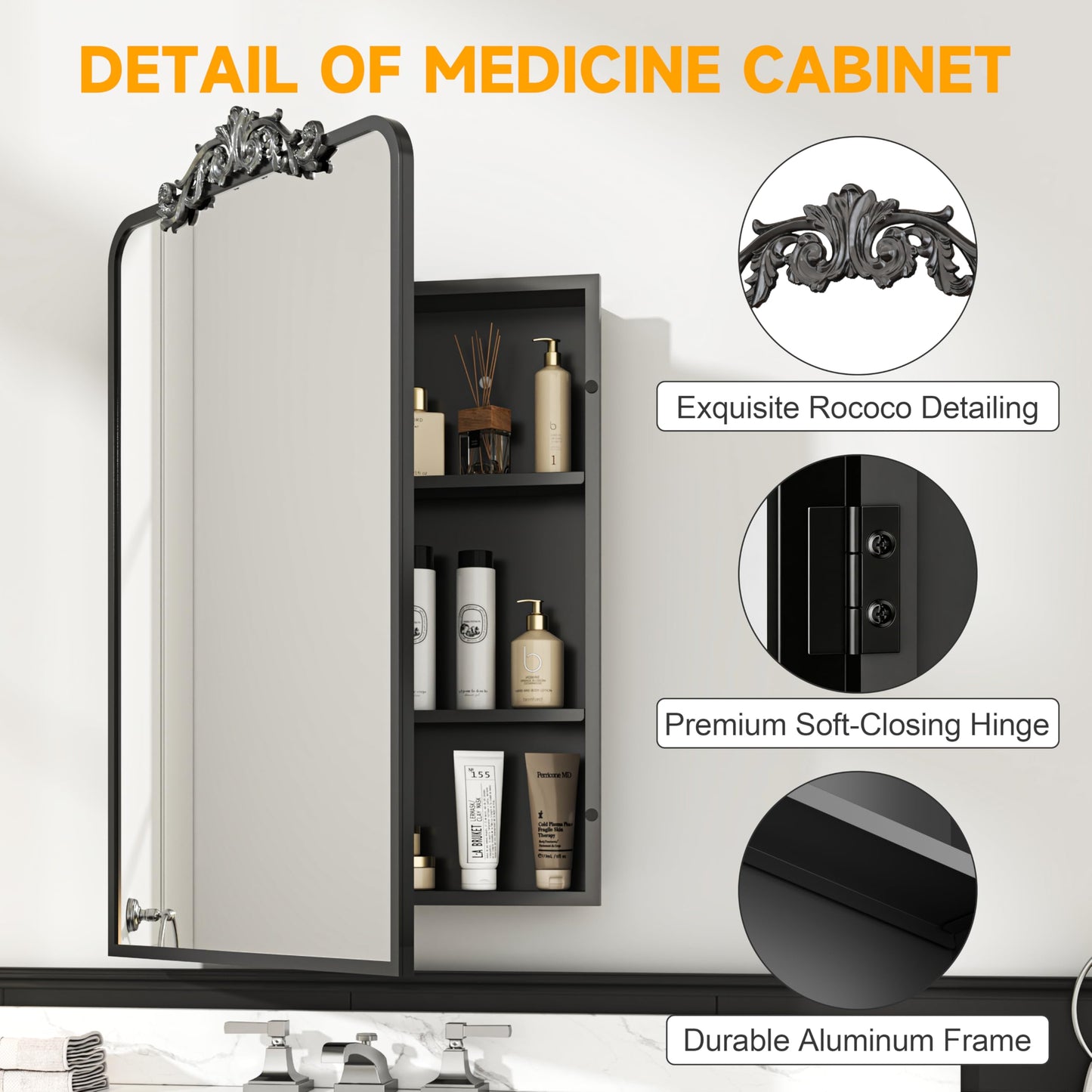 Batuso 35"x24" Bathroom Medicine Cabinet with Vintage Arched Mirror - All-Metal Black Medicine Cabinets with Hand-Painted Aluminum Door Frame, 2 Stable & Removable Shelves, Black