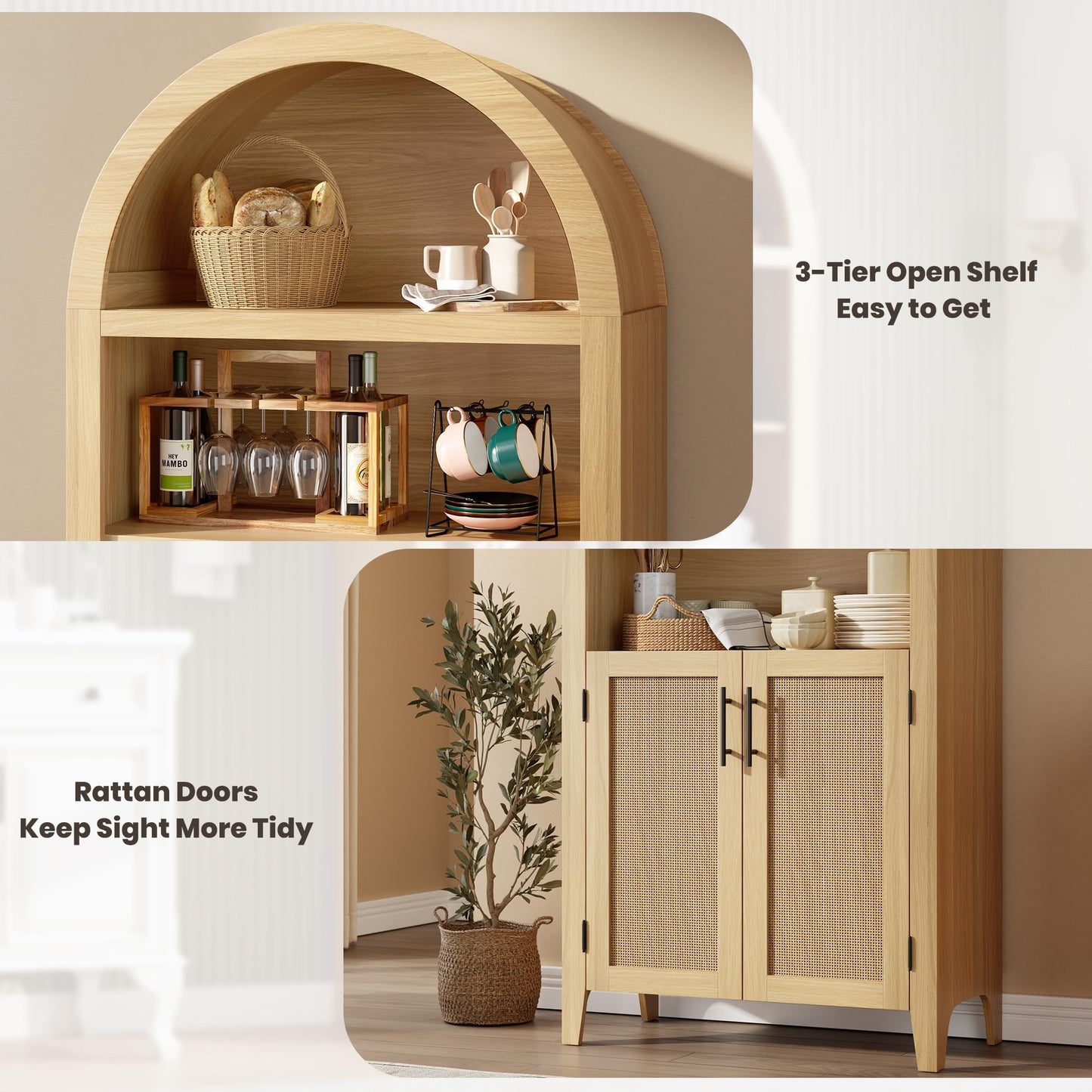 IDEALHOUSE Arched Kitchen Pantry Cabinet with Doors - 5-Tier Open Display Shelf with Rattan Decor, Farmhouse Storage Cabinet for Kitchen, Dining Room, Living Room, Natural