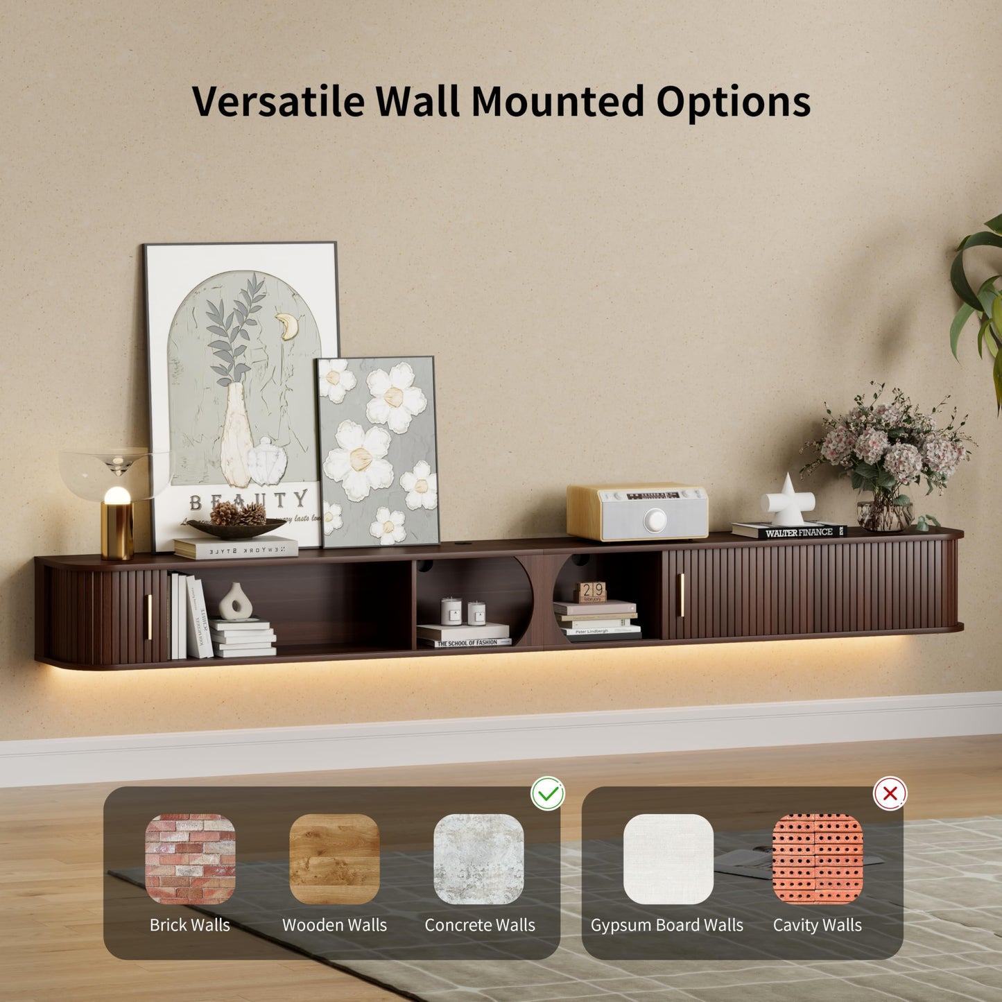 DHH 94.8" Floating TV Stand with Power Outlet for TVs up to 100", Mid Century Modern TV Console with RGB LED Lights, Fluted Entertainment Center with Sliding Door for Living Room, Bedroom (Walnut)
