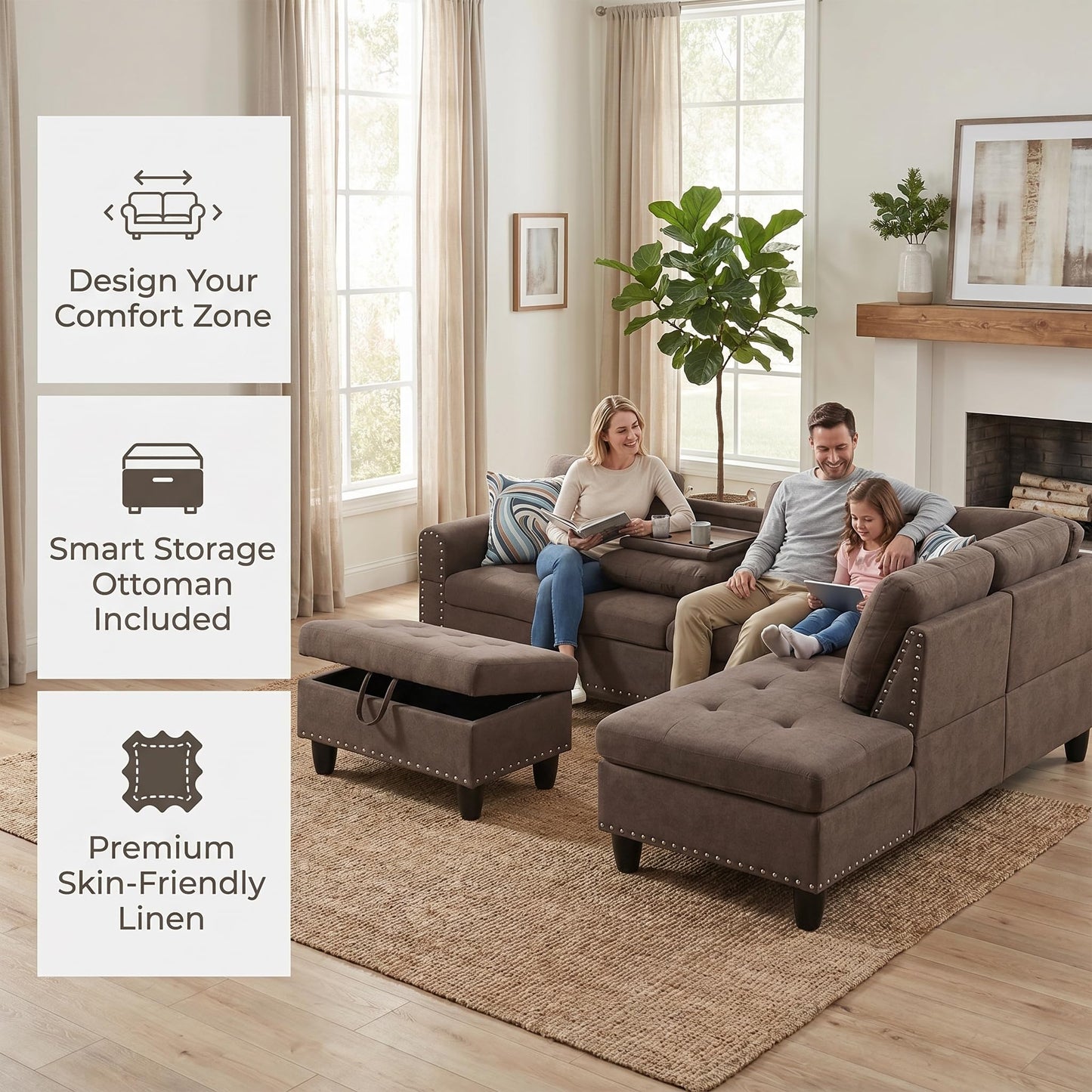 Trygoal 97.5" Linen L Shaped Couch with Right Chaise & Cup Holder, Sectional Sofas Modular Furniture Set with Storage Ottoman, Convertible Couches for Living Room, Small Space & Office (Brown)