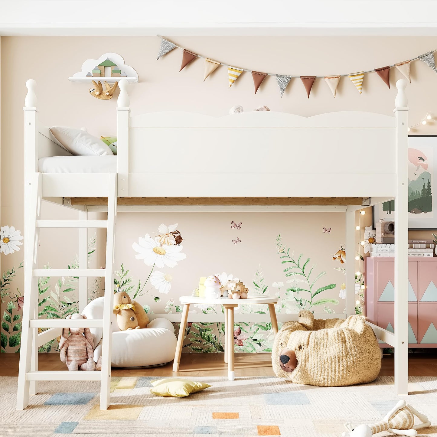 KEIKI Full Size Wood Loft Bed Frame with Built-in Ladder & Ample Under-Bed Space, Modern Loft Bed with Full-Length Guardrails & Solid Slats, No Box Spring Required, Easy Assembly, for Bedroom, Beige