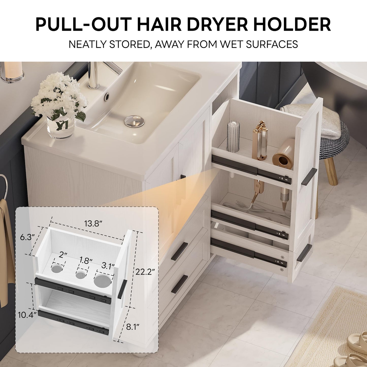 LIKIMIO 29.5" Bathroom Vanity with Sink, Hair Tool Drawer, 4 Solid Legs, 4 Drawers 2 Doors, Modern Freestanding Wooden Bathroom Cabinet with Undermount Upgraded SMC Sink, Quick Assembly, White