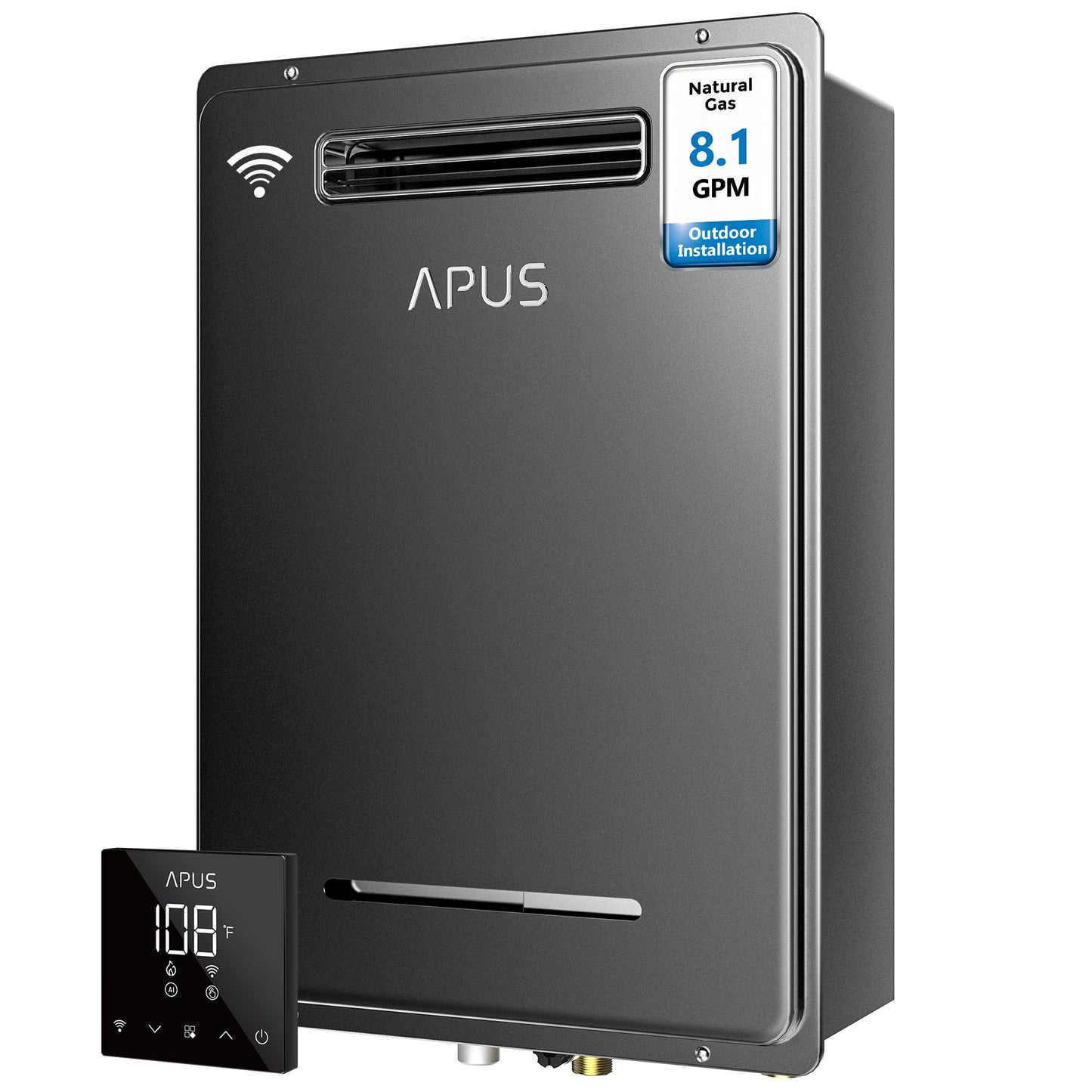 APUS 190,000 BTU Outdoor Tankless Water Heater, 8.1 GPM Natural Gas Instant Hot Water Heater with WiFi & Remote Control, High Efficiency for Supports 5 Outlets