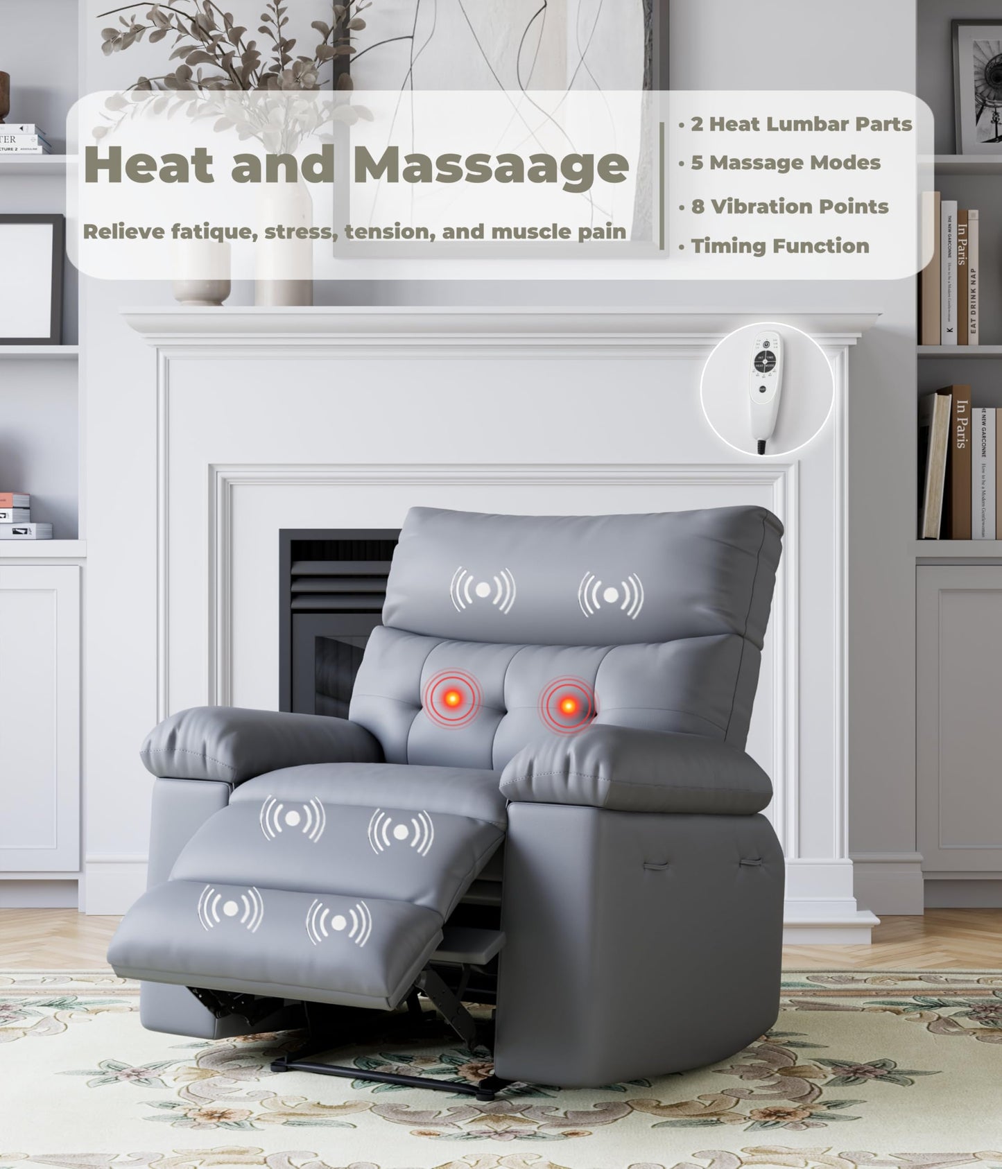 Garvee Oversized Wide Recliner Chair - Heat and Massage, PU Leather Extra Wide Manual Recliner for Adults, Large Lazy Chair with 1.5X Sponge Comfort Arm and Back for Living Room, Bedroom