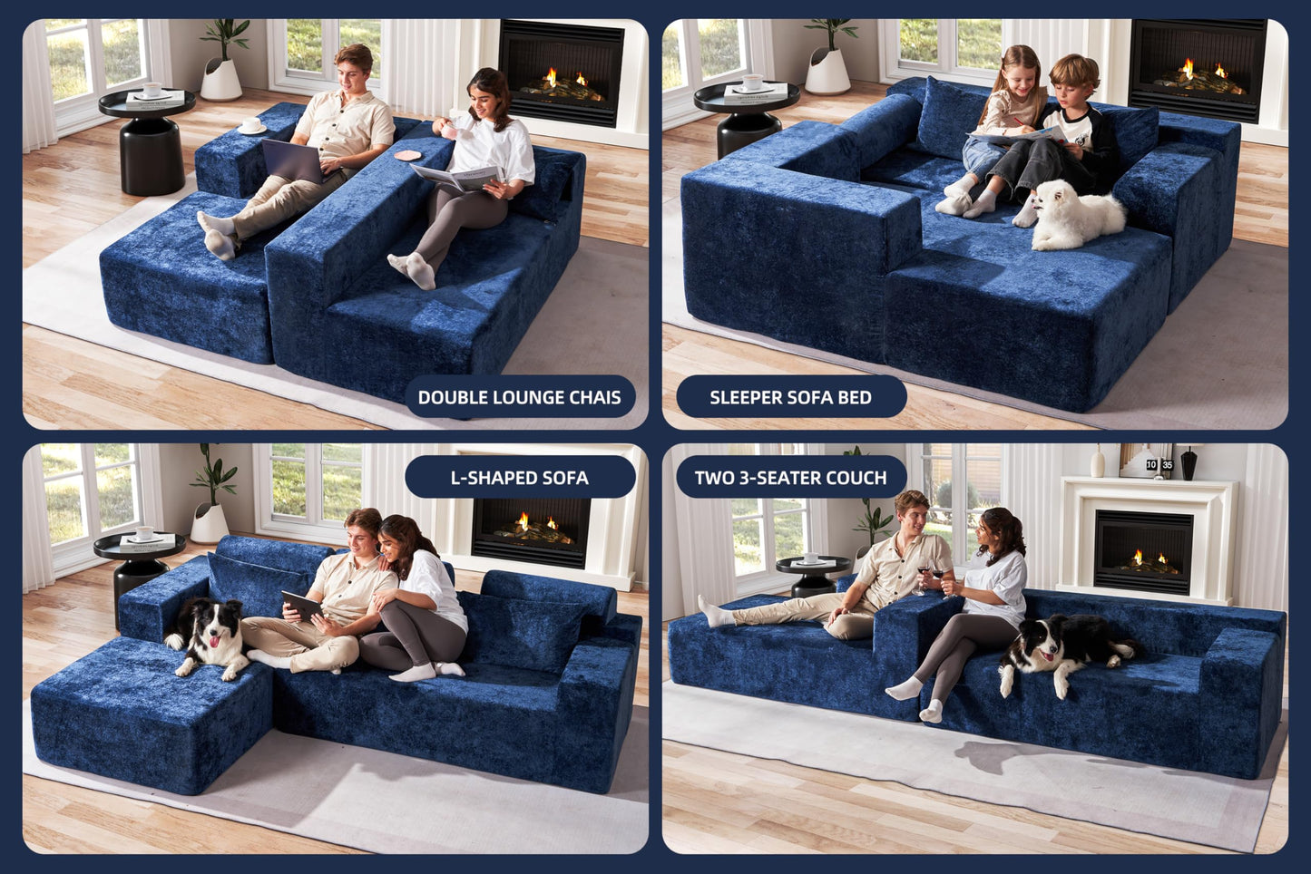 Homguava Modular Sectional Couches for Living Room,105" Cloud Couch with L-Shape Chaise,Comfy Sofa Living Room Couch with Deep Seat,No Assembly L Couch,Luxury Distressed Velvet(Blue,L)