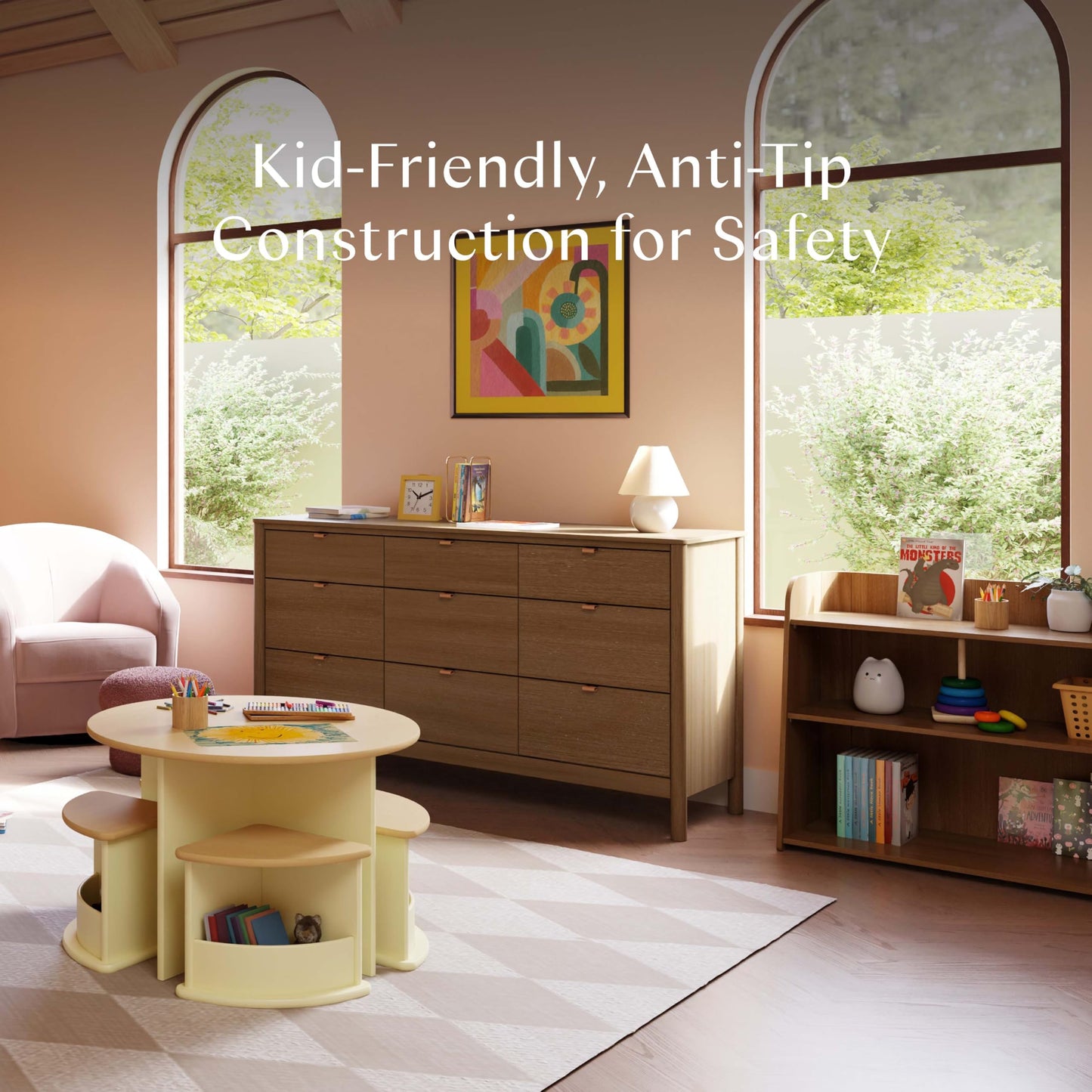 Babyletto Melo Montessori 3 Shelf Bookcase, GREENGUARD Gold Wood Bookshelf - Easy Assembly Book Case w/Wide Storage Shelves, Modern Wooden Book Shelf for Living Room, Bedroom, Office, Natural Walnut