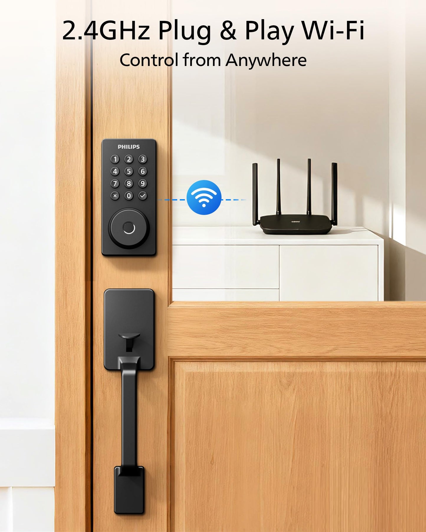 Philips Wi-Fi Smart Door Lock with Handle Set, Keypad Deadbolt for Front Door, Fingerprint Keyless Entry Door Lock with App Remote Control, IP53 Waterproof, Auto Lock, Security Easy Installation