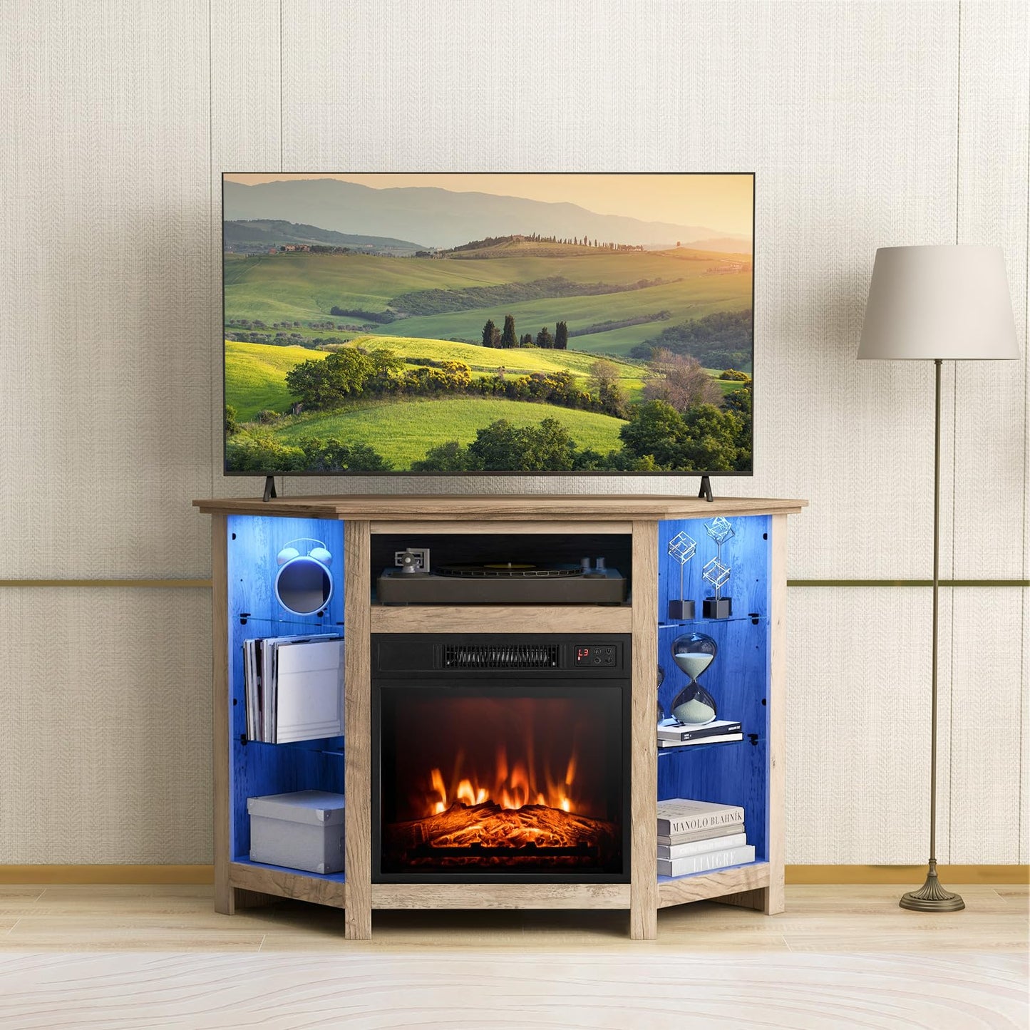 CLEEMAN Fireplace Corner TV Stand, Entertainment Center for 50 Inch TV w/LED Lights Adjustable Shelves Overheat Protection Remote/APP Control, TV Console w/Built-in Electric Fireplace (Grey)