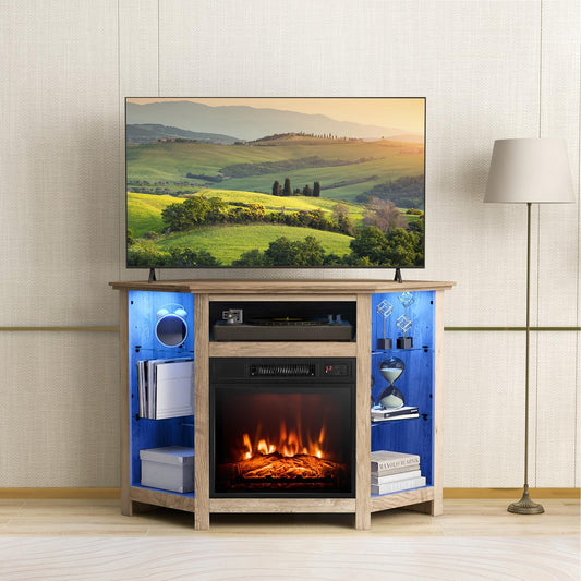 CLEEMAN Fireplace Corner TV Stand, Entertainment Center for 50 Inch TV w/LED Lights Adjustable Shelves Overheat Protection Remote/APP Control, TV Console w/Built-in Electric Fireplace (Grey)